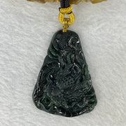 Rare High End Type A Fully Translucent Black Omphasite Jadeite Dragon (Shine Light is Dark Blueish Green) 罕见高端 A 货半透明黑色绿辉石翡翠龙  31.72g (Including String and 18K Hold Clasp) 53.75 by 40.40 by 9.65g with NGI Cert No. 82823872 - Huangs Jadeite and Jewelry Pte Ltd