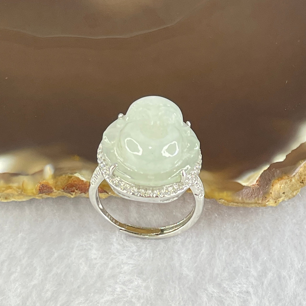 Type A Faint Lavender Green Jadeite Milo Buddha in S925 Ring (Adjustable Size) 6.17g 16.6 by 16.6 by 7.8mm