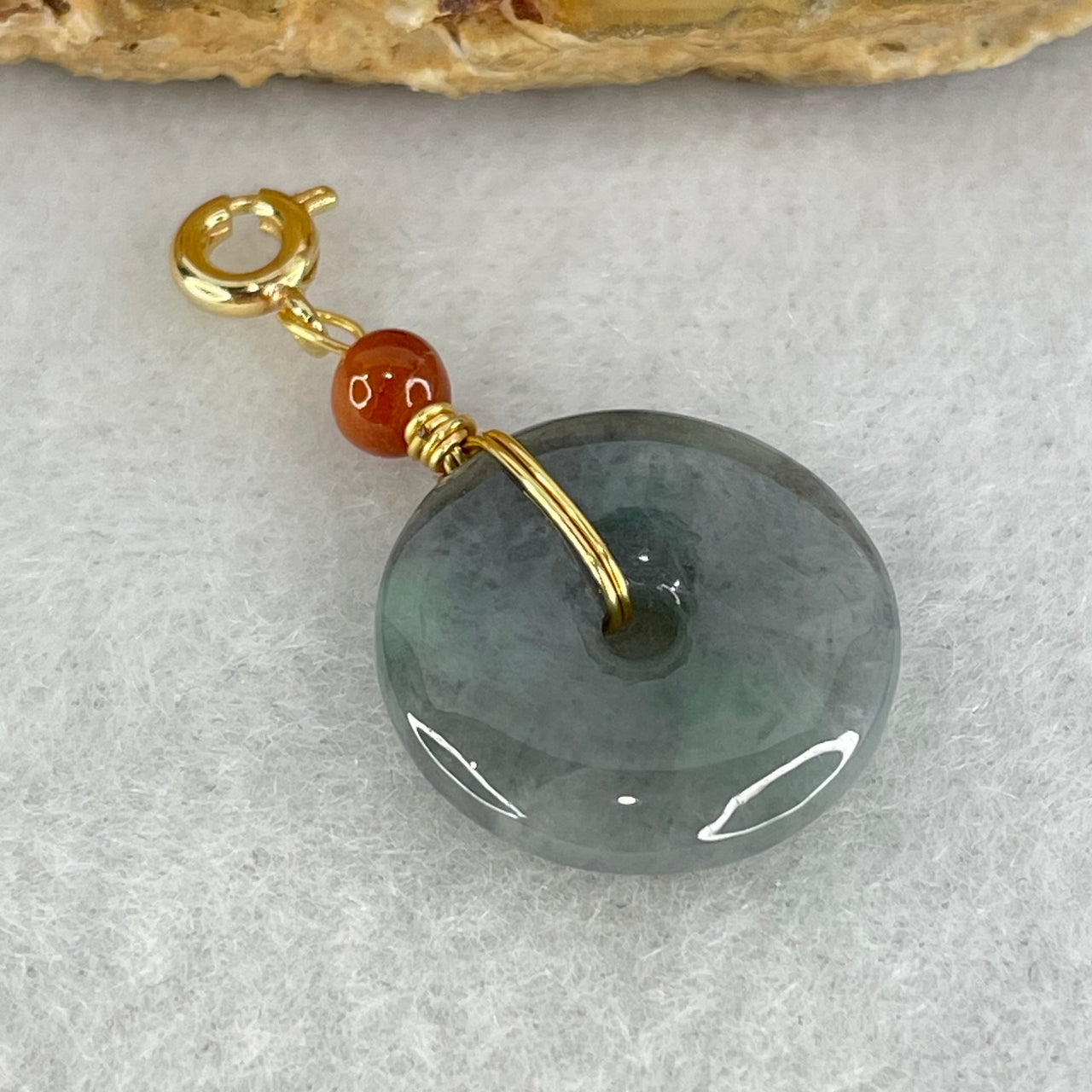 Type A Semi Icy Wuji Grey Black Green Jadeite Ping An Kou Donut in Gold Color Charm Pendant 2.36g 16.0 by 3.8mm