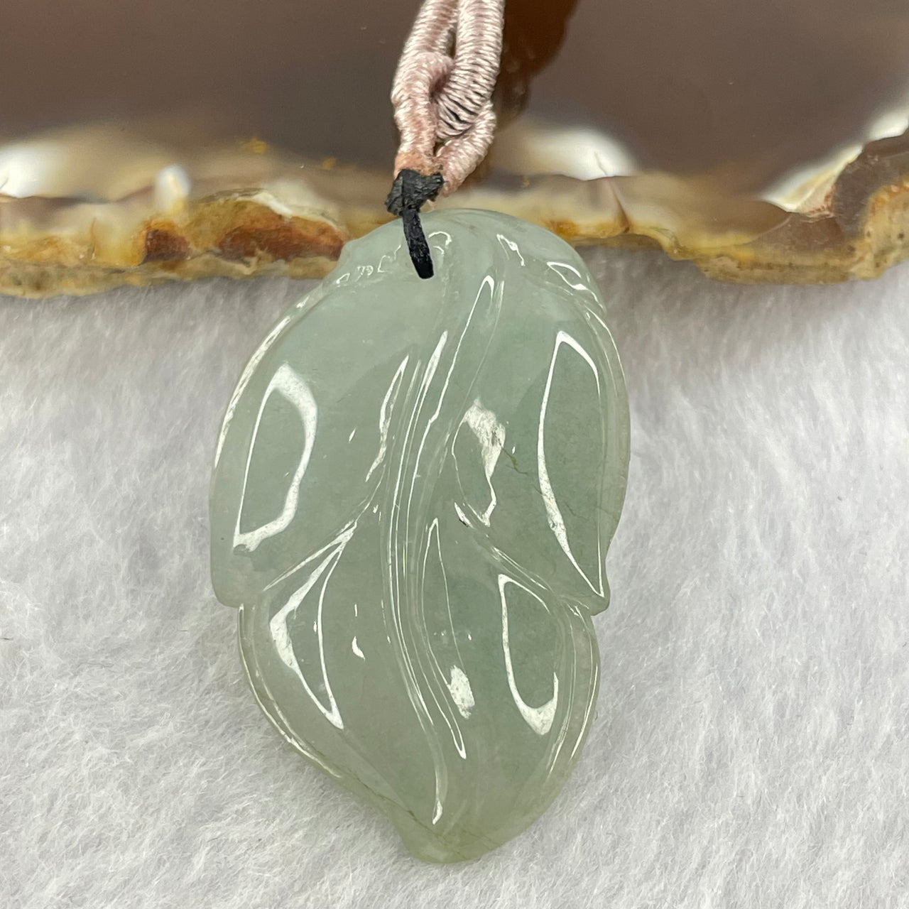 Type A Icy Light Blueish Green Jadeite Leaf Pendent 11.94g 33.5 by 23.1 by 7.2mm