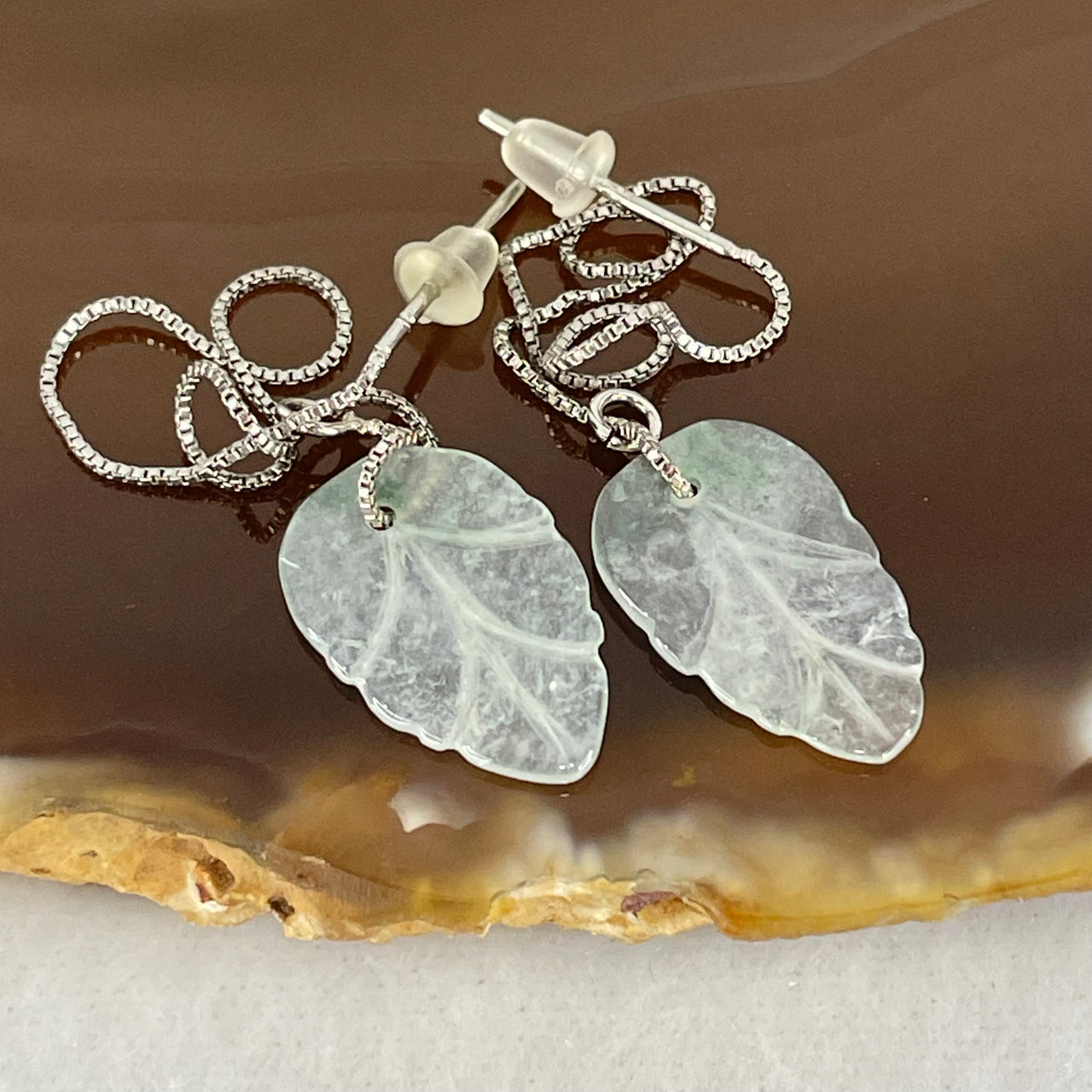 Type A Icy Faint Blueish Green Jadeite Leaf Charm in S925 Sliver Earrings 1.27g 15.3 by 9.5 by 1.0mm