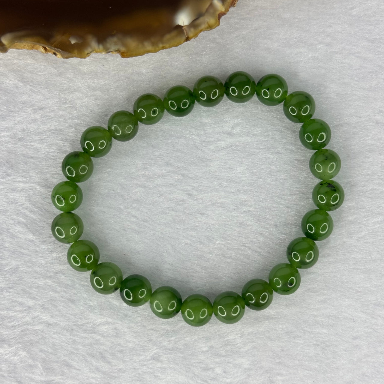 Natural Bright Green Nephrite Jade Beads Bracelet 天然和田玉手链 18.24g 15.5cm 7.9mm 24 Beads - Huangs Jadeite and Jewelry Pte Ltd