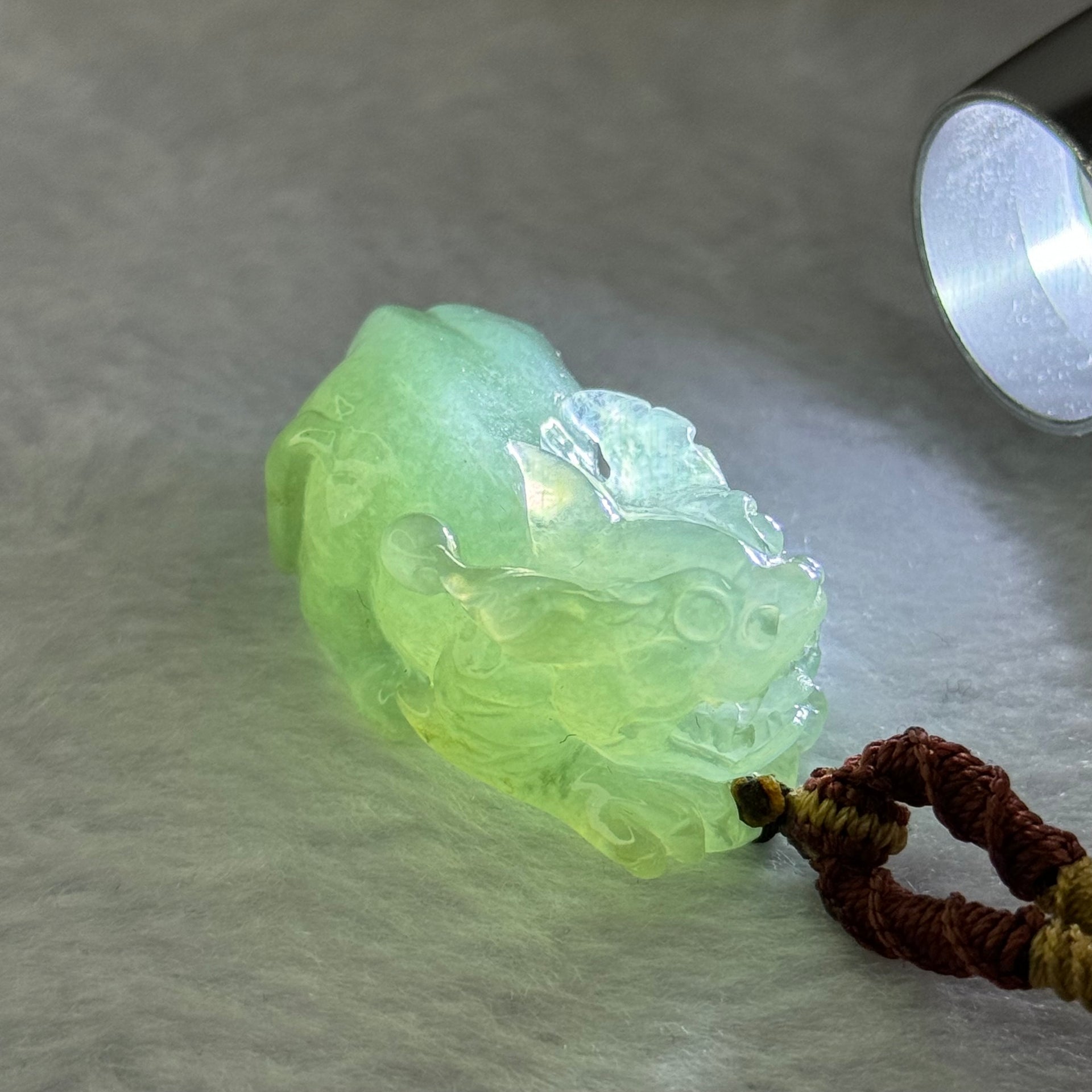 Type A Semi Blueish Green Jadeite Pixiu Charm/Pendent A货蓝水翡翠牌 25.54g 36.8 by 19.9 by 17.2mm - Huangs Jadeite and Jewelry Pte Ltd