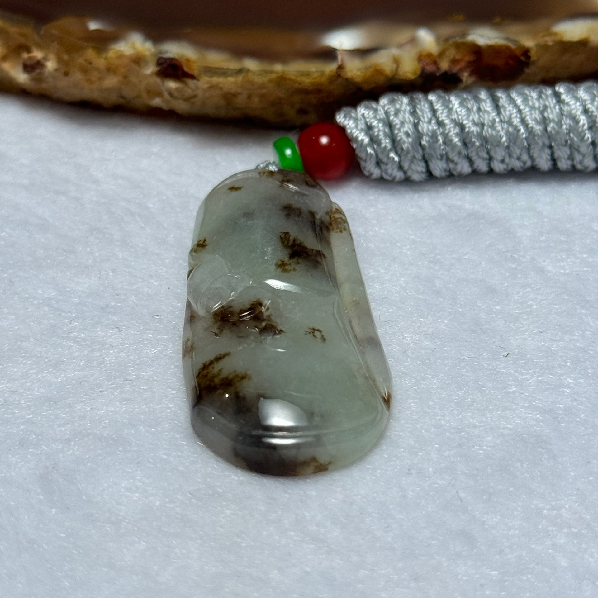 Rare Type A Faint Green with Brown Piao Hua Jadeite Bamboo with Bat Pendant 11.20g 42.0 by 17.6 by 5.7mm - Huangs Jadeite and Jewelry Pte Ltd