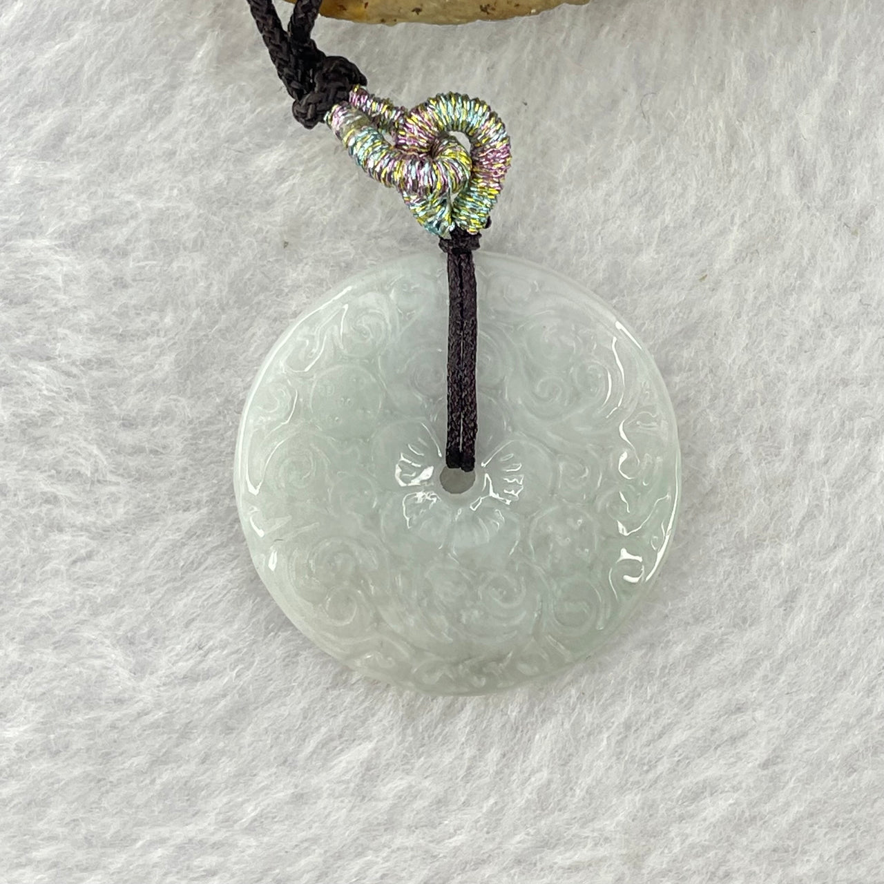 Type A Faint Lavender Green Jadeite Prosperity Flowers Ping An Kou Donut Pendant 7.23g 27.6 by 4.2mm