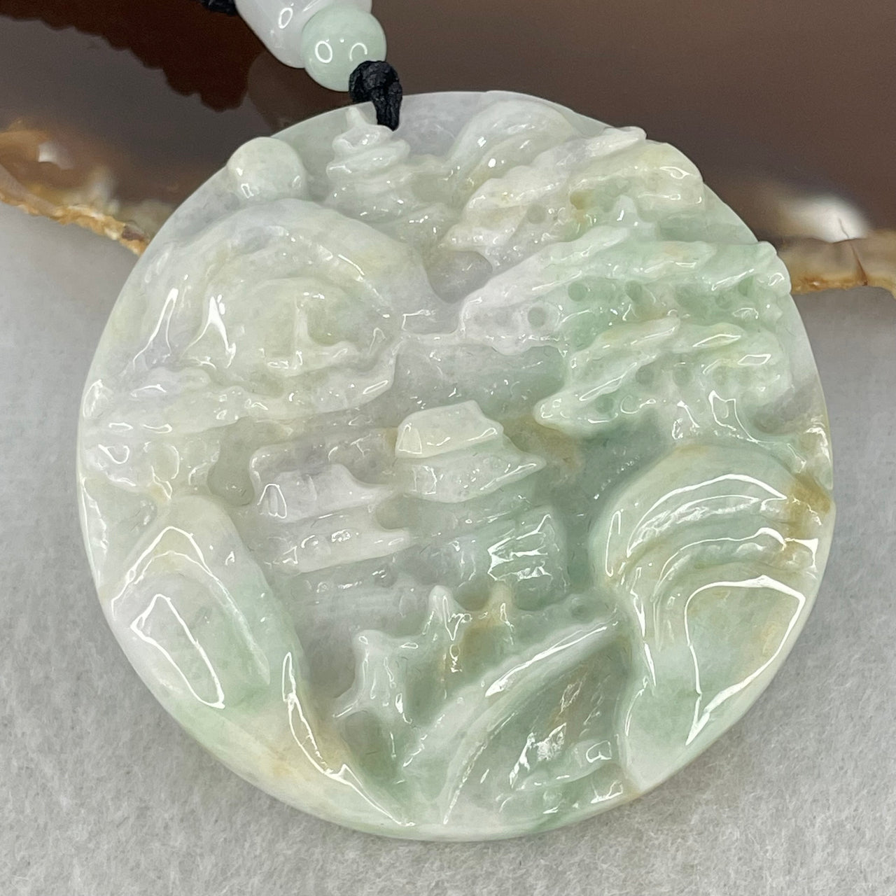 Type A Green Lavender Yellow Jadeite Shan Shui with Double Gui Ren Benefactor Pendant 66.85g 53.0 by 12.2mm