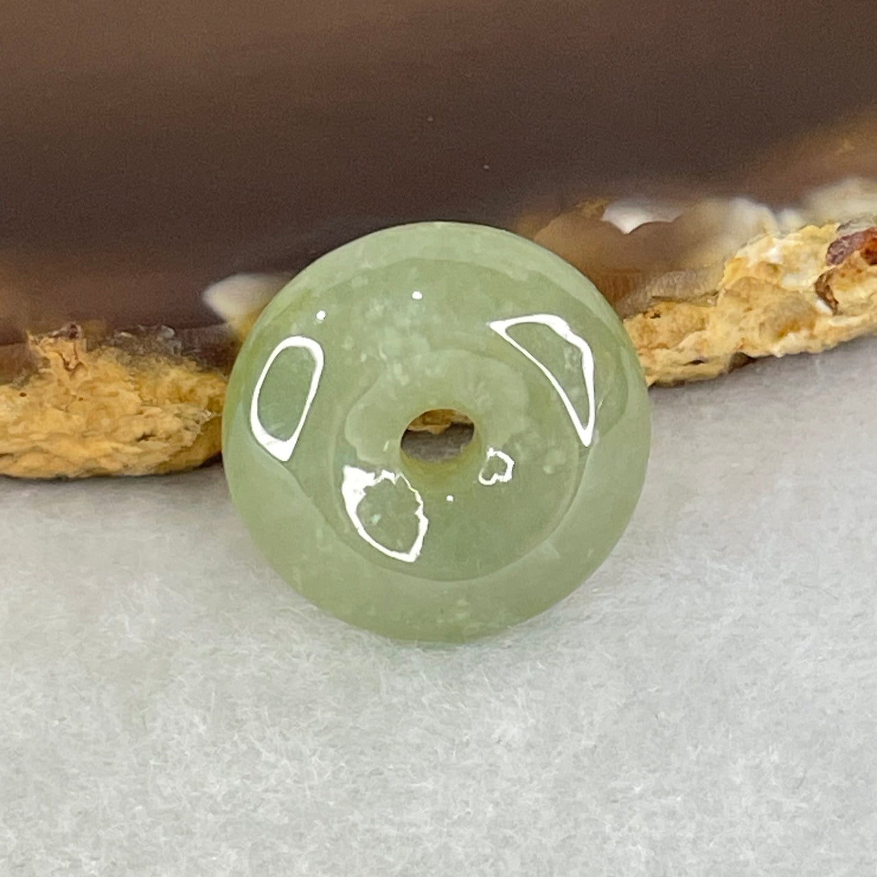 Type A Semi Icy Green Jadeite Ping An Kou Donut Charm Pendant 3.53g 16.8 by 6.4mm