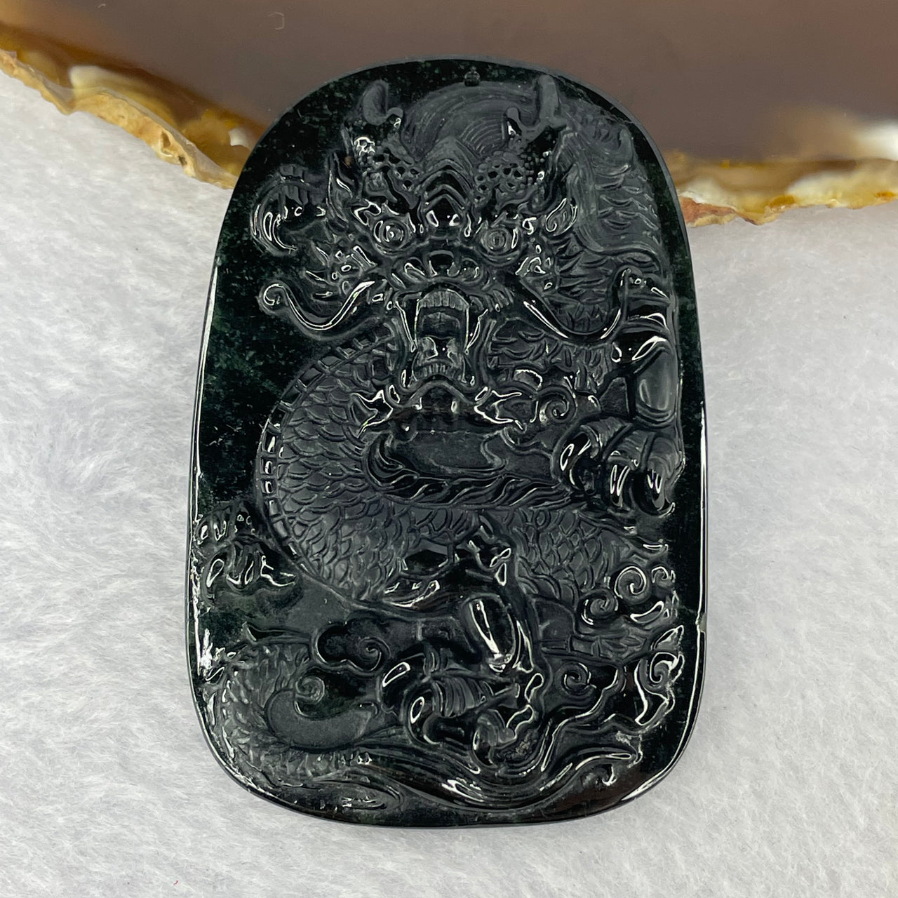 Type A Partial Translucent Black Omphasite Dragon Jadeite Pendent A货墨翠龙牌 31.69g 67.1 by 44.5 by 7.1 mm - Huangs Jadeite and Jewelry Pte Ltd