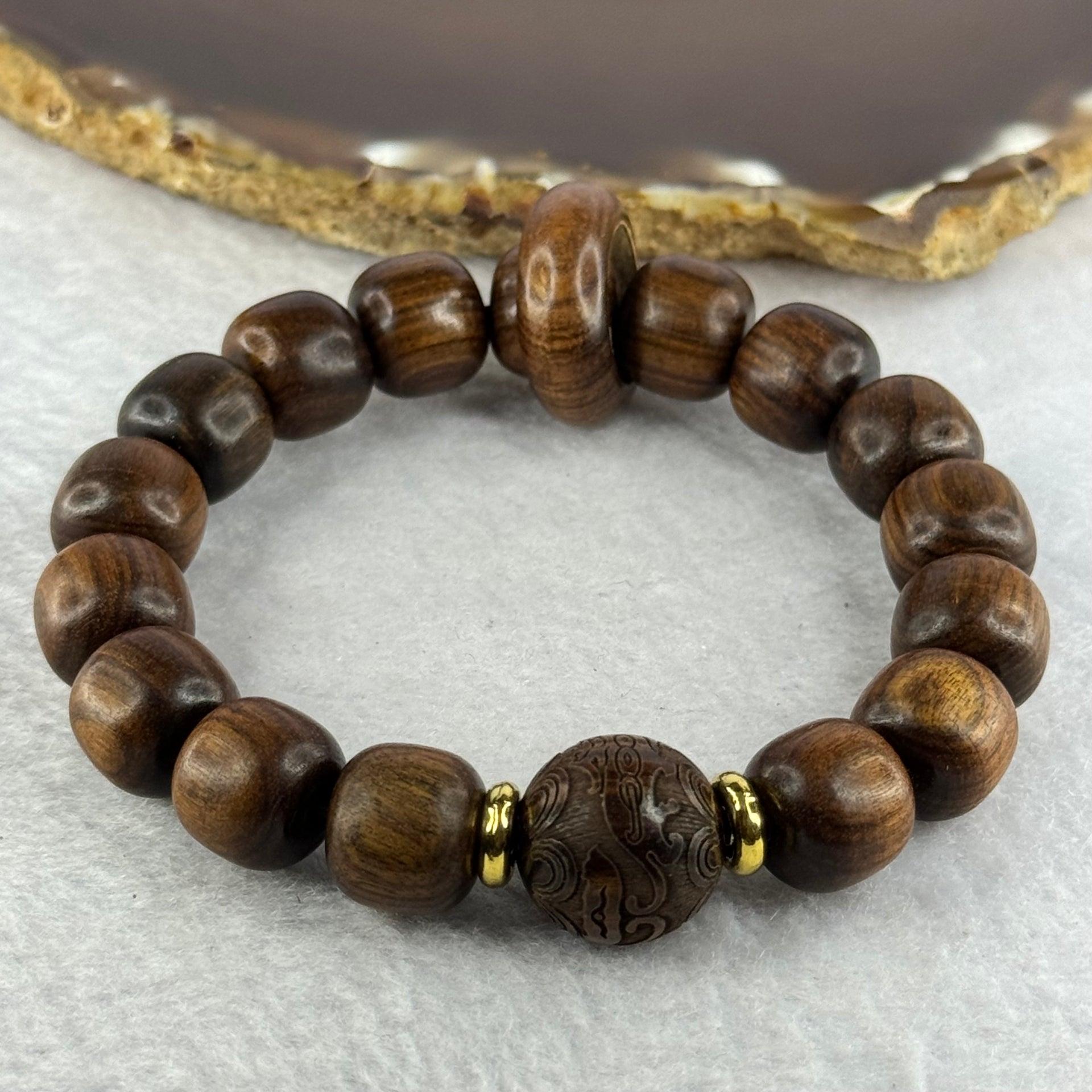 Natural Black Rosewood Beads Bracelet With Ping An Kou Donut and Double Pixiu with Coin Bead 天然黑花梨木手链 20.09g 17.5cm 12.2mm 16 Beads 15.2mm 1pcs - Huangs Jadeite and Jewelry Pte Ltd