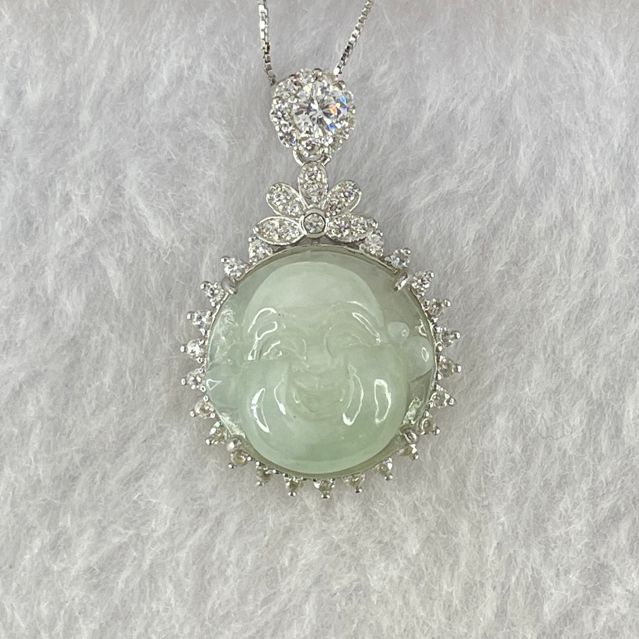 Type A Faint Green Lavender Milo Buddha with Crystals in S925 Sliver Pendant and Necklace 7.16g 16.5 by 16.5 by 9.4mm