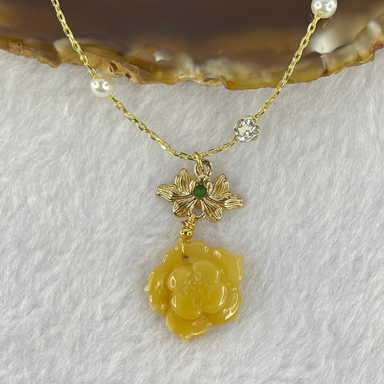 Type A Yellow Jadeite Flower 15.7 by 17.3 by 5.2mm with Crystals in Gold Color Necklace 5.70g