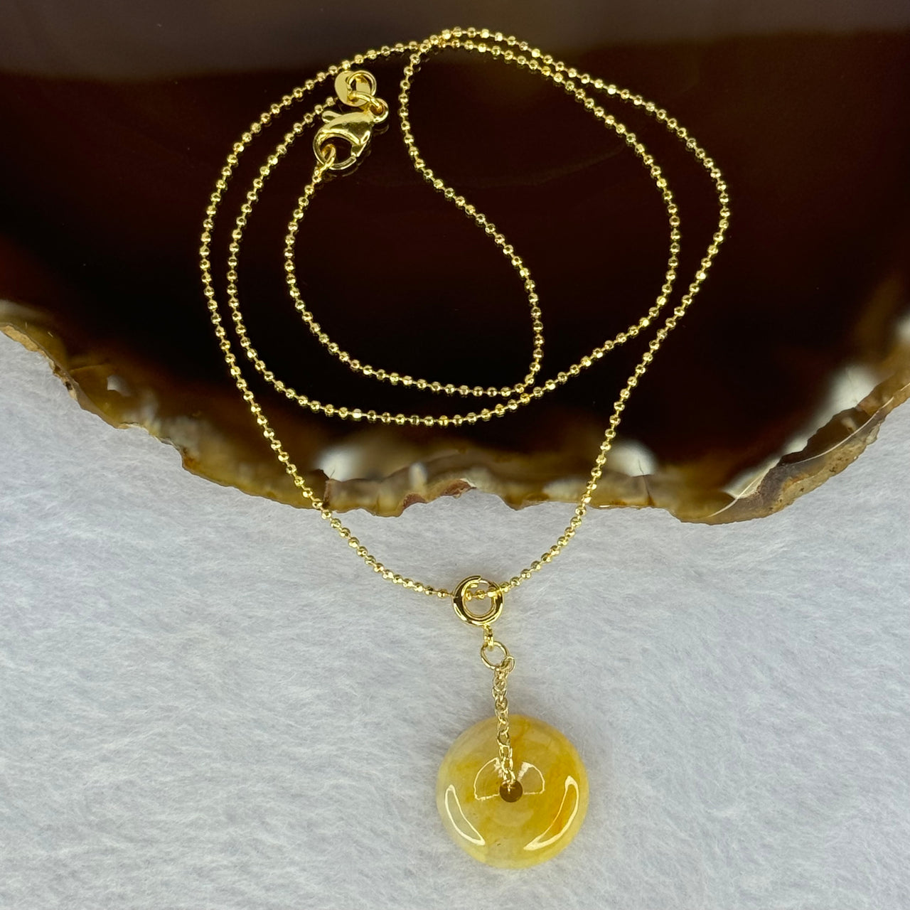 Type A Yellow Jadeite Ping An Kou Donut S925 Silver in Gold Color Necklace 5.56g 17.0 by 6.3mm