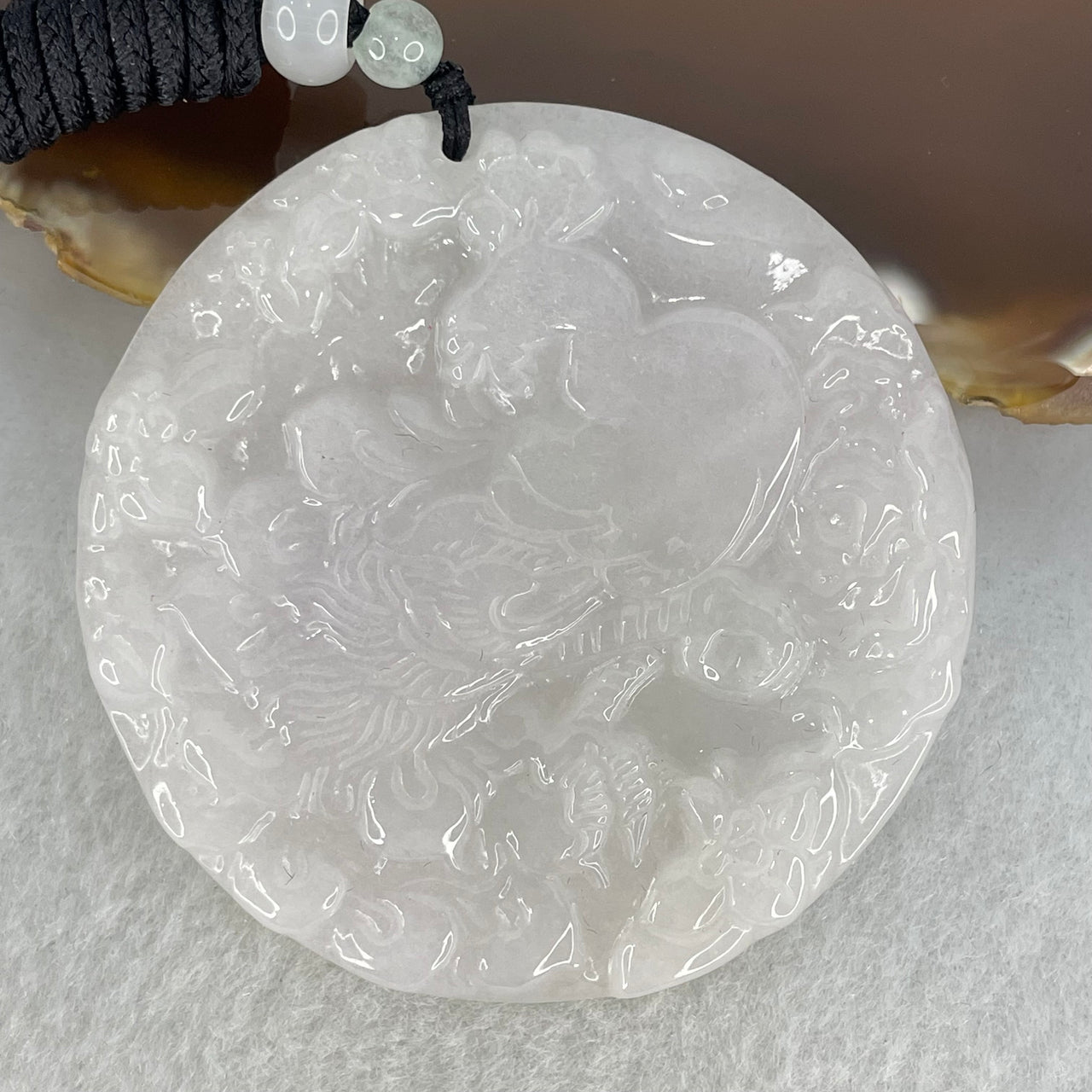 Type A Faint Pinkish Lavender Jadeite Phoenix Pendant 27.44g 53.0 by 4.6mm