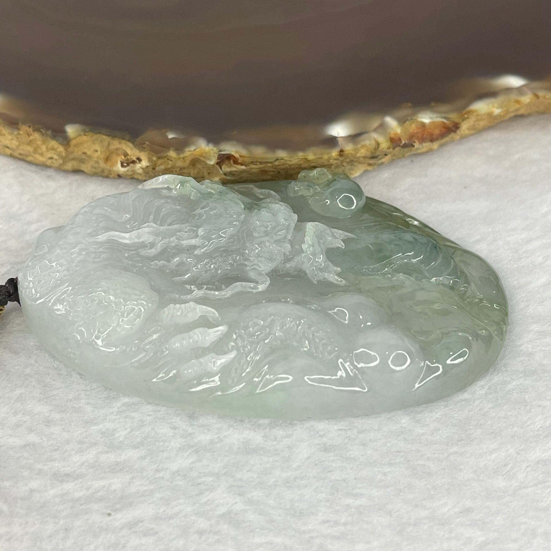 Grand Master Type A Semi Icy Lavender Green Piao Hua Jadeite Dragon Pendant Display 63.76g 70.9 by 11.8 by 12.7mm with Wooden Stand - Huangs Jadeite and Jewelry Pte Ltd