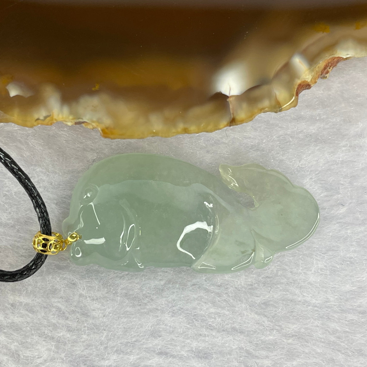 18K Yellow Gold Semi ICY Type A Sky Blue Jadeite Fish 年年有鱼 with String Necklace 4.97g 33.2 by 15.6 by 5.8mm - Huangs Jadeite and Jewelry Pte Ltd