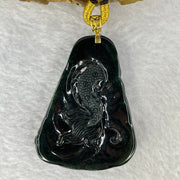 Rare High End Type A Fully Translucent Black Omphasite Jadeite Dragon (Shine Light is Dark Blueish Green) 罕见高端 A 货半透明黑色绿辉石翡翠龙  31.72g (Including String and 18K Hold Clasp) 53.75 by 40.40 by 9.65g with NGI Cert No. 82823872 - Huangs Jadeite and Jewelry Pte Ltd