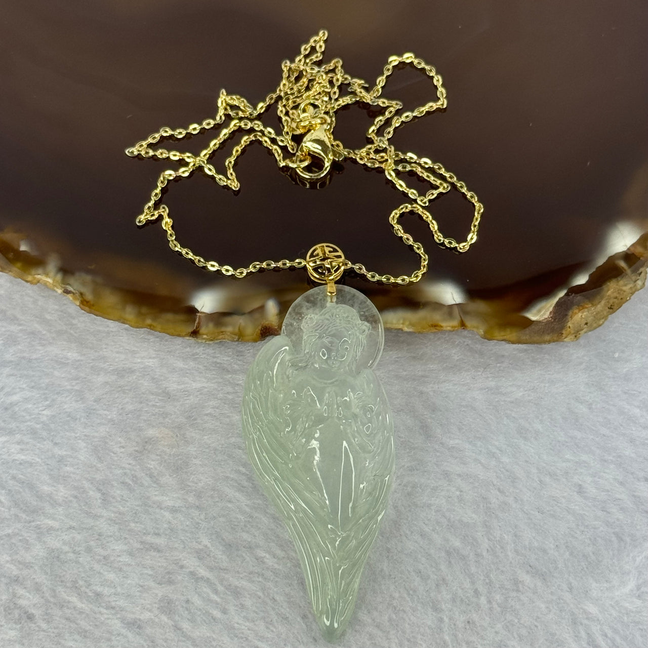 Type A Icy Light Green Jadeite Angel Pendent in 18K Gold Clasp with S925 Sliver Gold Color Necklace 8.90g 47.6 by 20.0 by 5.0mm