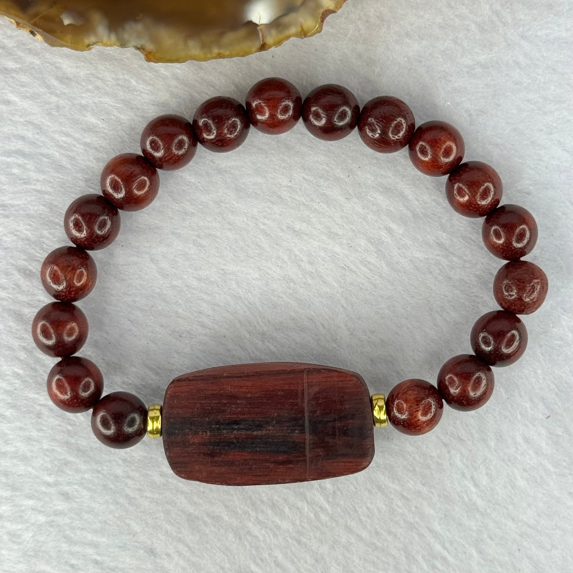 Natural Blood Zitan Beads with Rotating Turquoise Om Mani Padme Hum Powerful Mantra Bracelet 天然血檀木旋转唵嘛呢叭咪吽手链 10.58g 15cm 8.1mm 18 Beads / 30.2 by 17.2 by 7.4mm - Huangs Jadeite and Jewelry Pte Ltd