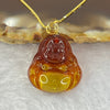 Natural Cognac Amber Milo Buddha in 18K Yellow Gold with S925 Sliver Gold Color Necklace 1.85g 18.2 by 16.8 by 5.5mm