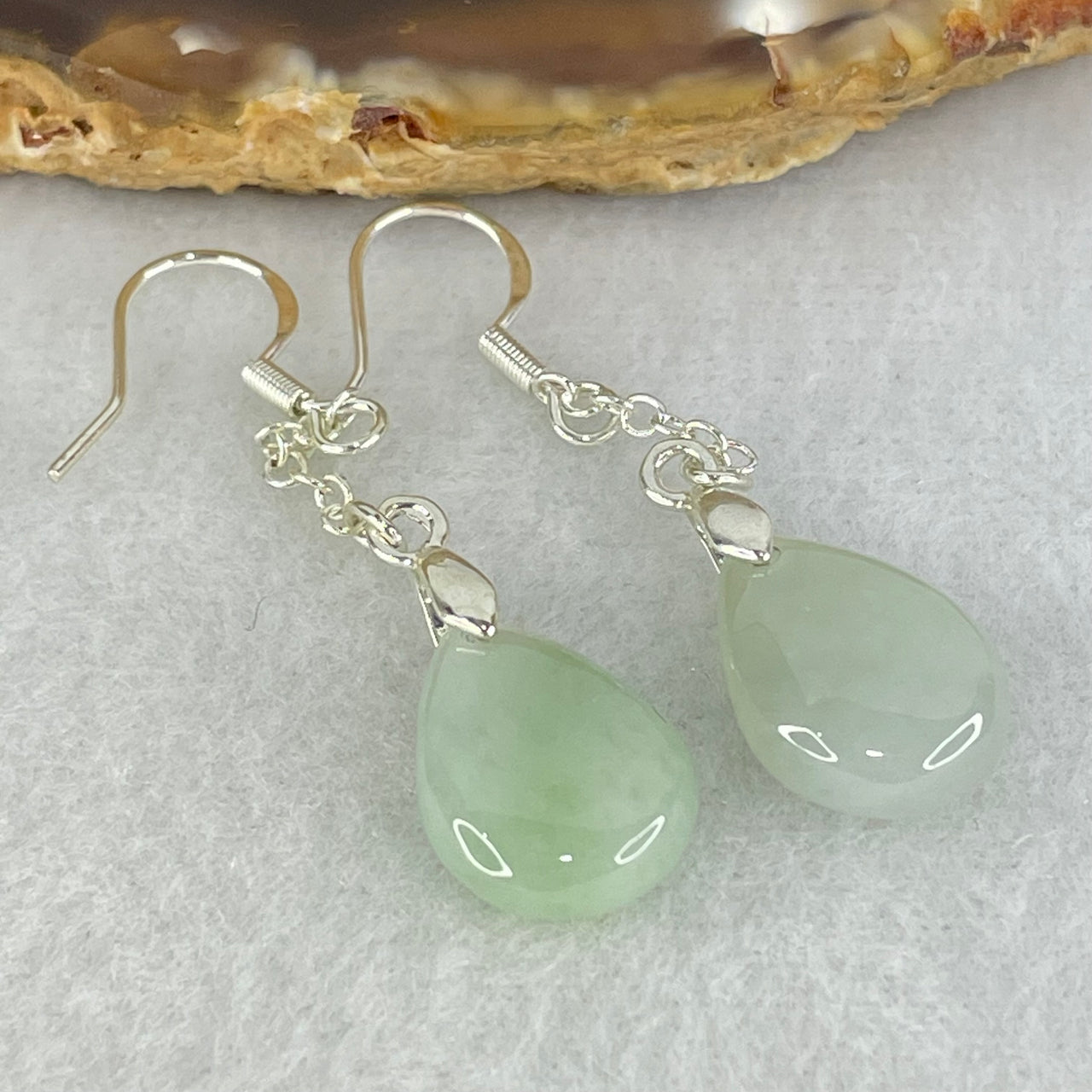 Type A Faint Lavender and Green Jadeite Teardrop in S925 Sliver Earrings 4.61g 15.5 by 11.2 by 6.4mm