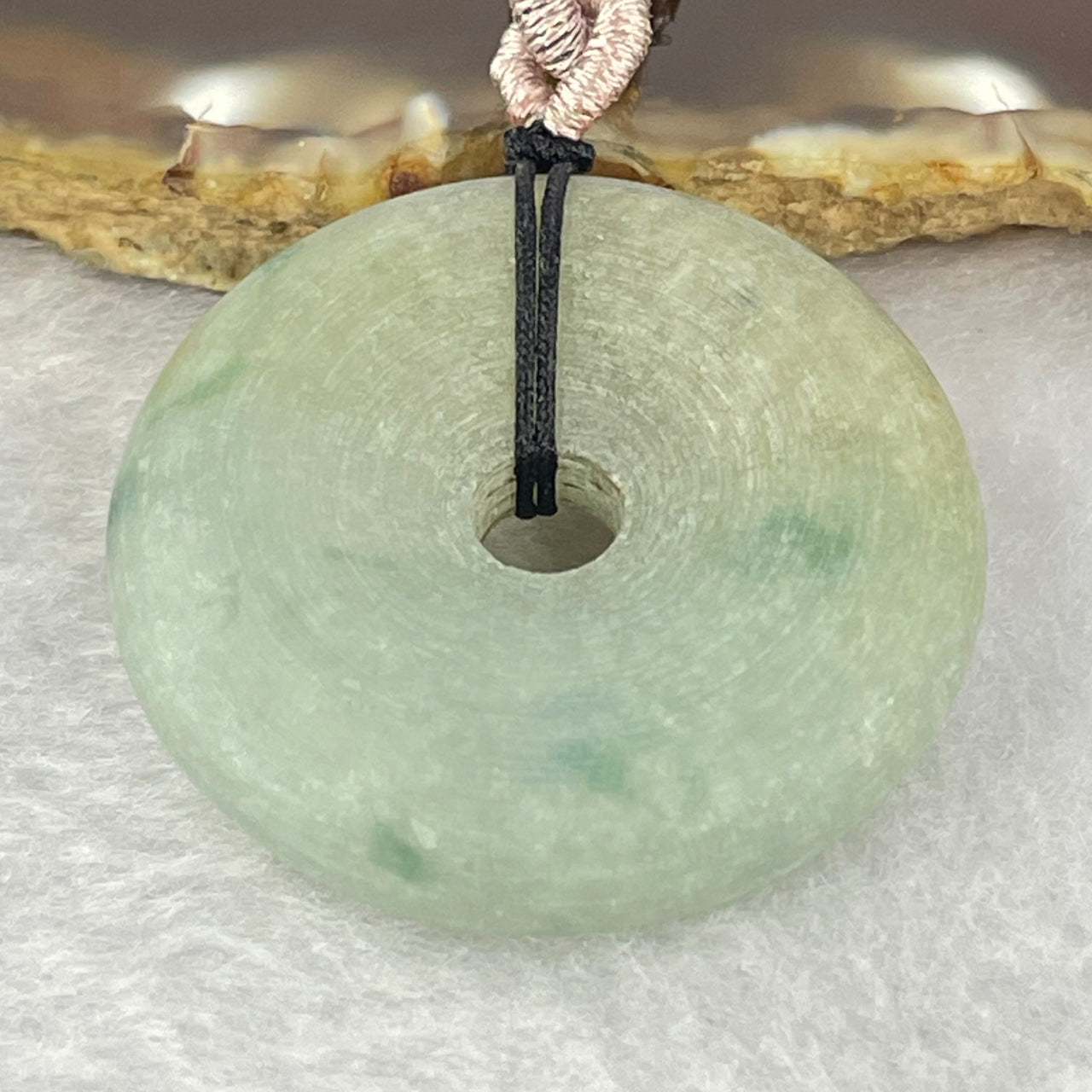 Type A Green with Blueish Green and Yellow Piao Hua Jadeite Ping An Kou Donut Pendent 27.08g 35.3 by 10.2mm