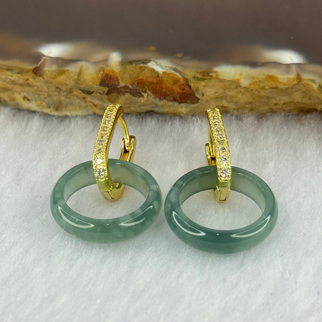 Type A Icy Blueish Green Jadeite Ping An Kou Donut in Gold Color Earrings 2.72g 14.7 by 3.7 by 2.5mm 2pcs