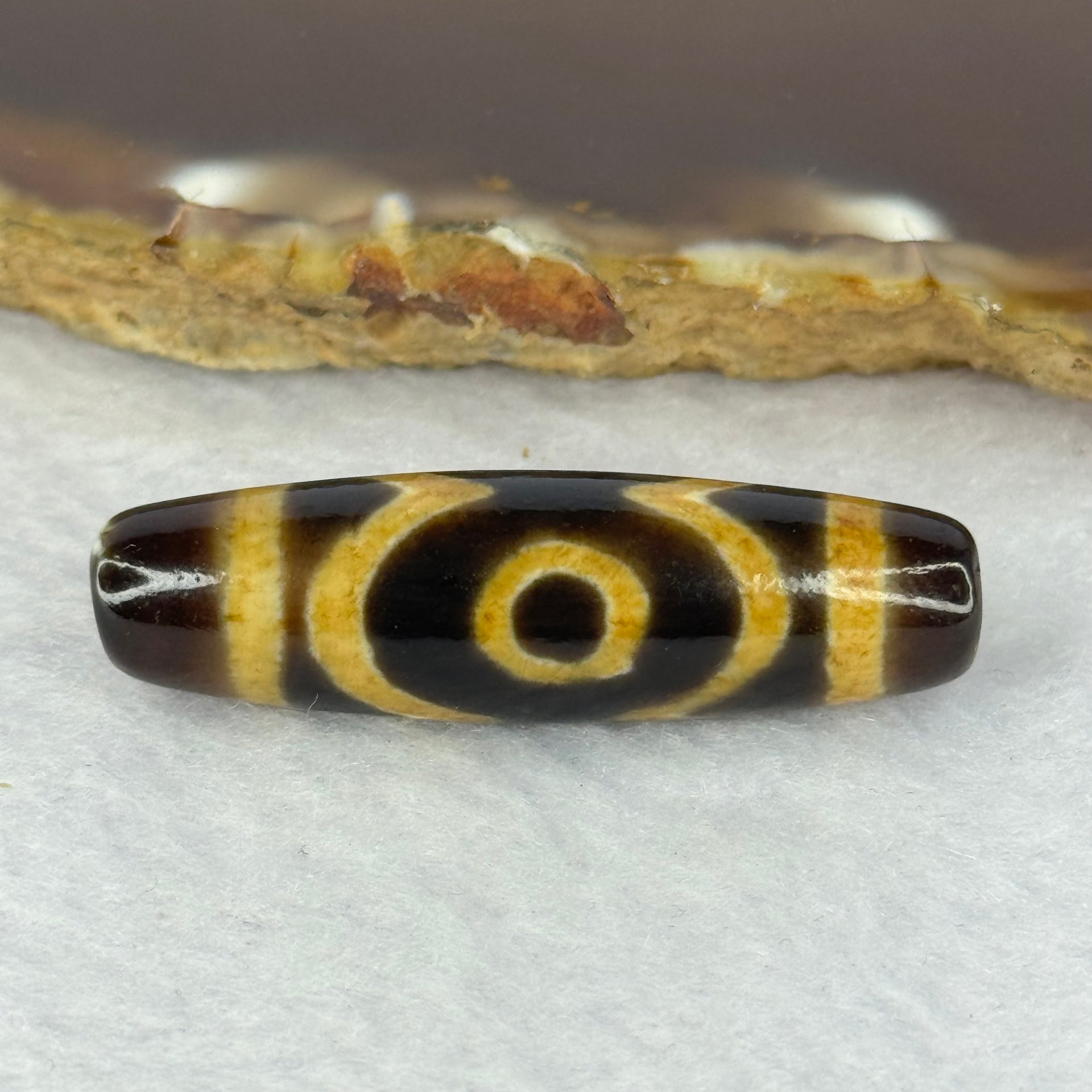 Natural Powerful Tibetan Old Oily Agate 3 Eyes Dzi Bead Heavenly Master (Tian Zhu) 三眼天诛 7.44g 39.5 by 11.2mm - Huangs Jadeite and Jewelry Pte Ltd