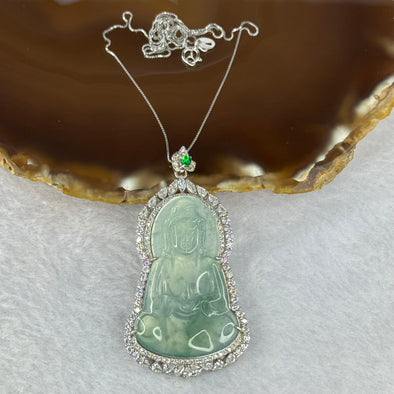 Type A ICY Light Blueish Green Jadeite Guan Yin Pendent with Crystals in S925 Sliver Necklace 11.34g 41.4 by 26.5 by 2.2mm - Huangs Jadeite and Jewelry Pte Ltd