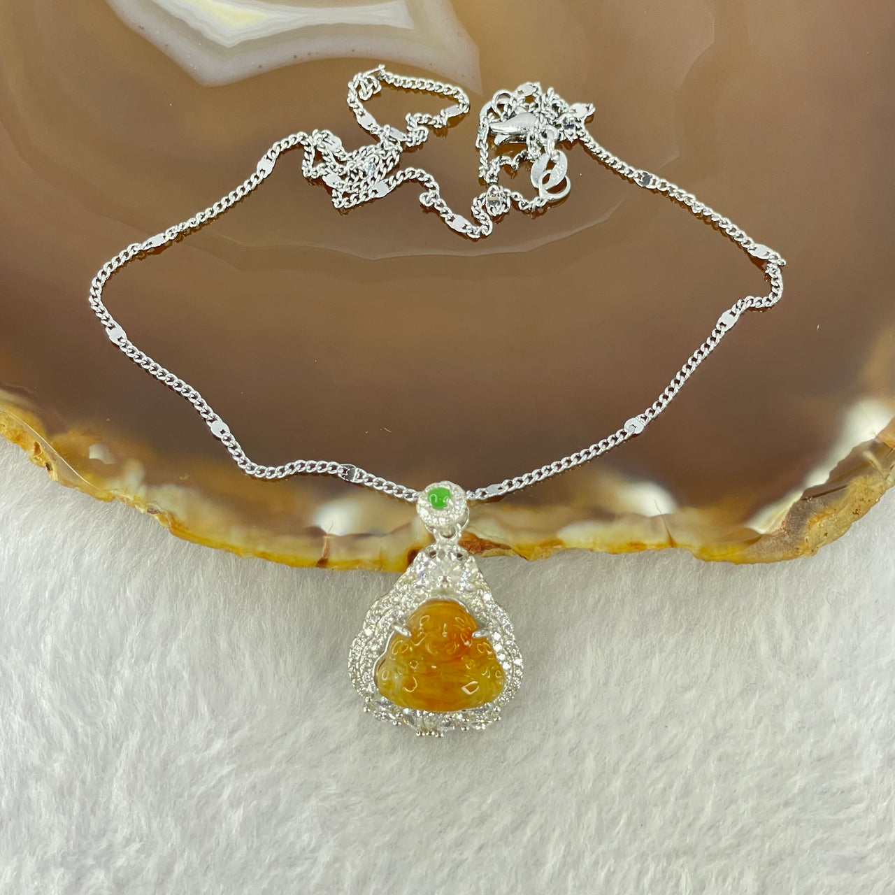 Type A Yellow Jadeite Milo Buddha 11.9 by 12.6 by 3.5mm Pendent with Crystals in S925 Sliver Necklace 5.41g