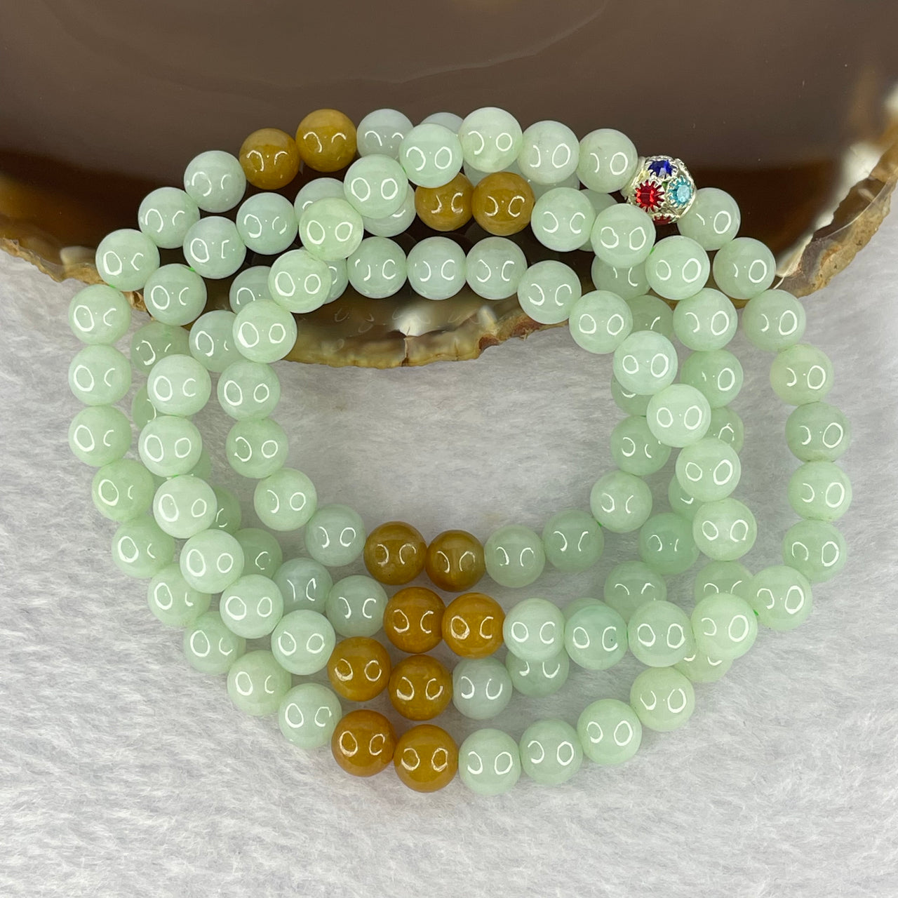 Type A Apple Green and Yellow Jadeite Beads Necklace 70.91g 7.2mm 108 Beads - Huangs Jadeite and Jewelry Pte Ltd