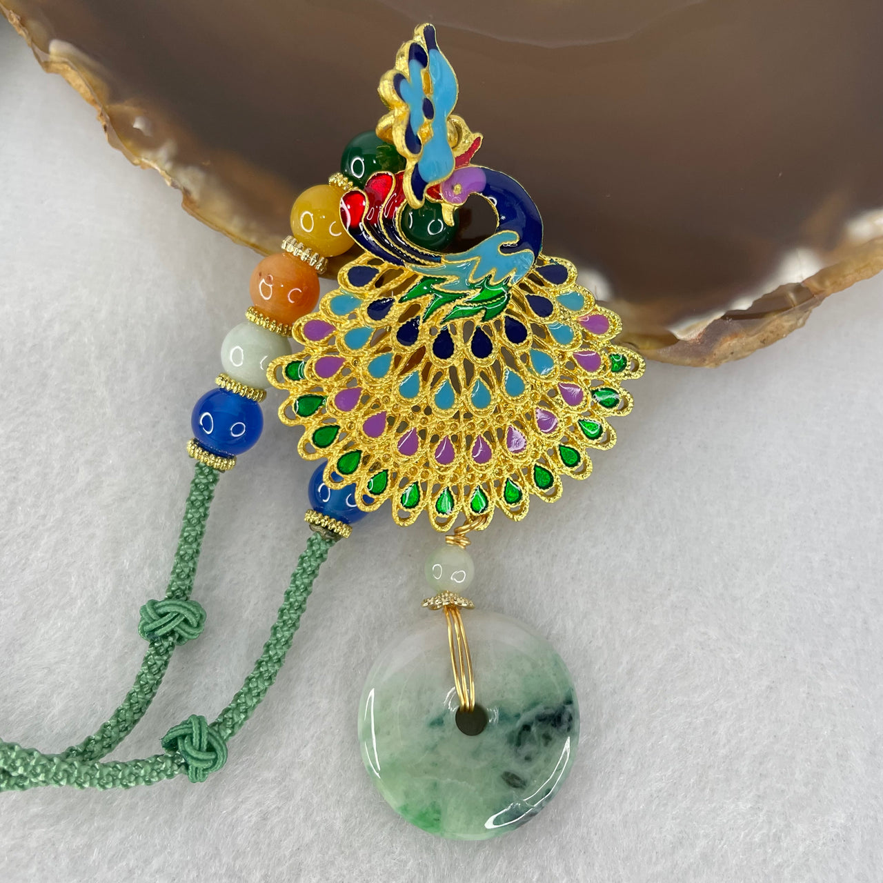 Type A Green Lavender and Dark Green Piao Hua Jadeite Ping An Kou Donut Pendant with Peacock Brooch and Crystal Beads Necklace 35.20g 24.6 by 5.7mm