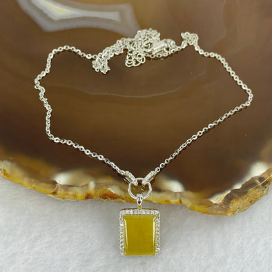 Type A Icy Yellow Jadeite Mini Rectangle Wu Shi Pai with Crystals in S925 Sliver Necklace 4.06g 11.5 by 9.1 by 3.5mm