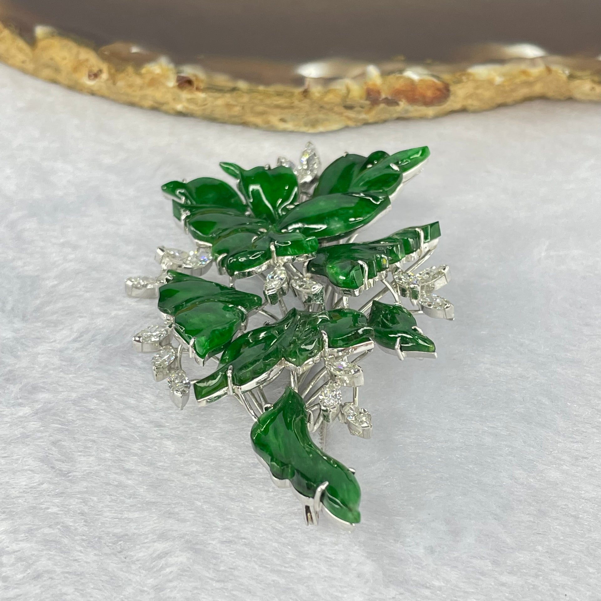 Very Very High Quality Translucent Natural Green Jadeite (TYPE A) Brooch Approx. 11.27 by 7.75 to 21.87 by 15.25mm Total Weight 22.79g including Natural Diamonds and 14K White Gold Setting with NGI Cert No.82835783 - Huangs Jadeite and Jewelry Pte Ltd