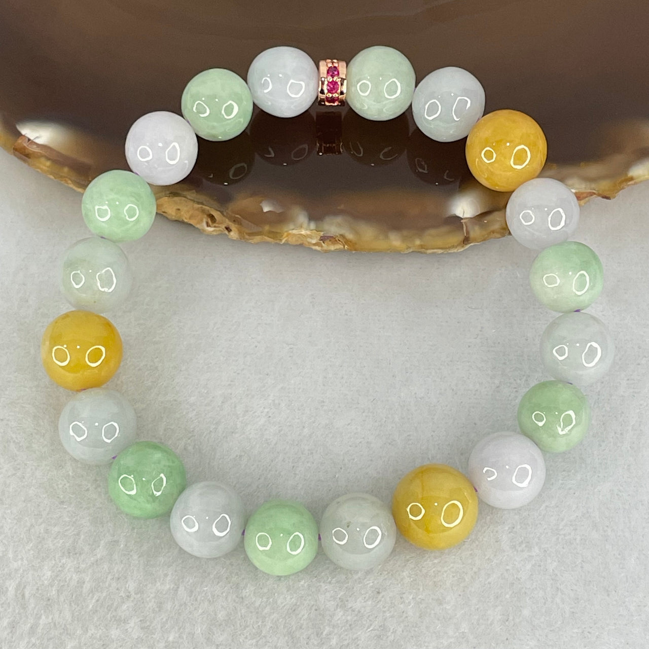 Type A Muti Color Jadeite Beads Bracelet 33.73g 16.5cm 11.0mm 3 Beads 10.0mm 17 Beads