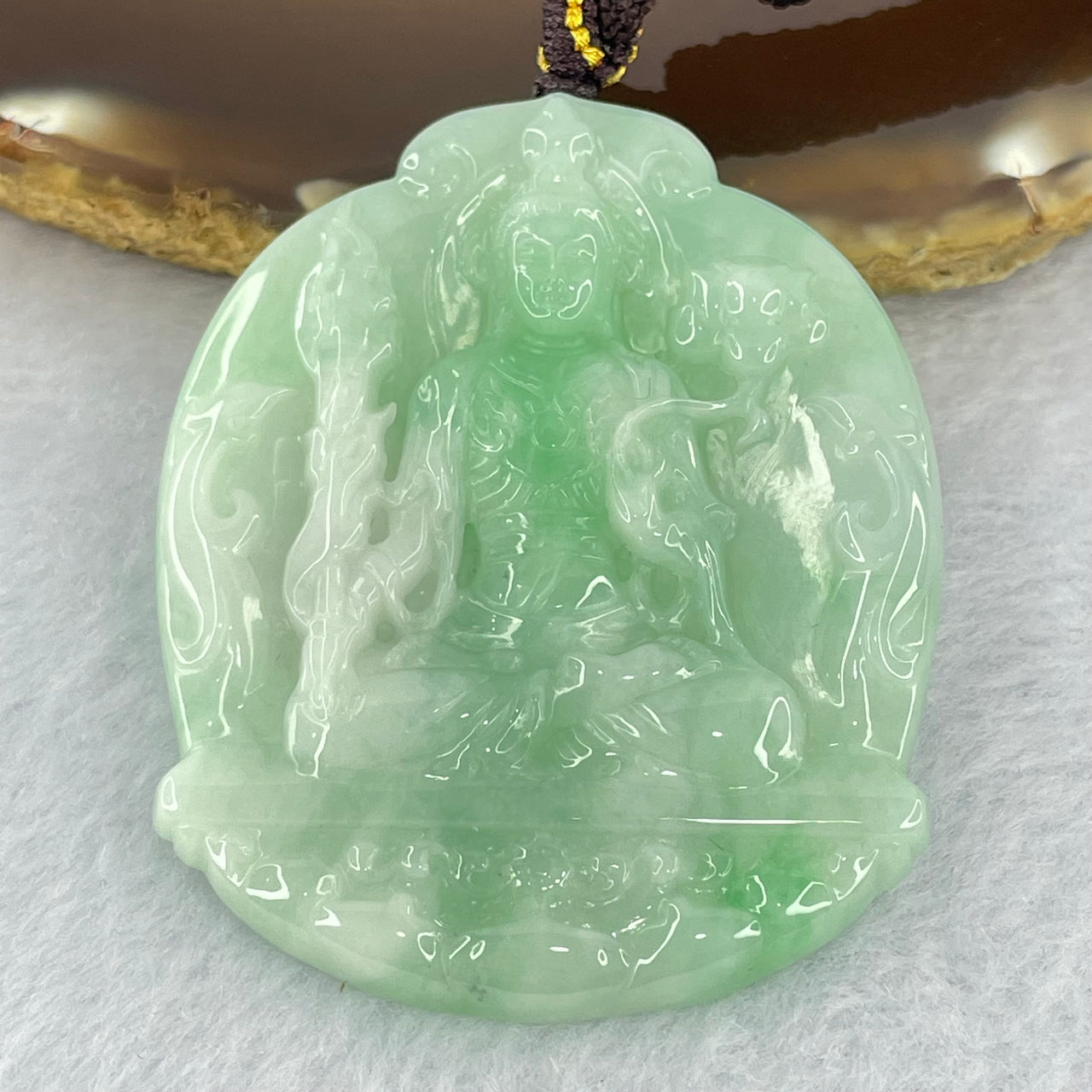 Type A Light Green with Apple Green Jadeite Guan Yin Bodhisattva Pendant 25.90g 53.3 by 44.5 by 6.2mm