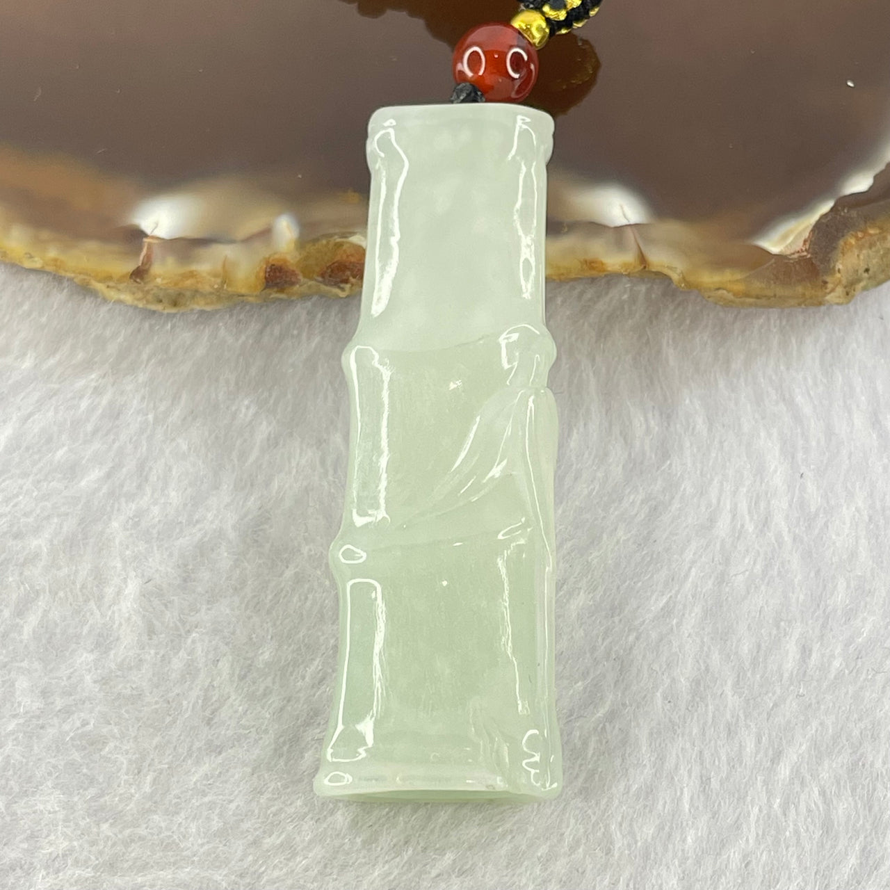 Type A Light Green with White Spots Jadeite Bamboo Pendent 15.84g 49.2 by 16.5 by 8.8mm