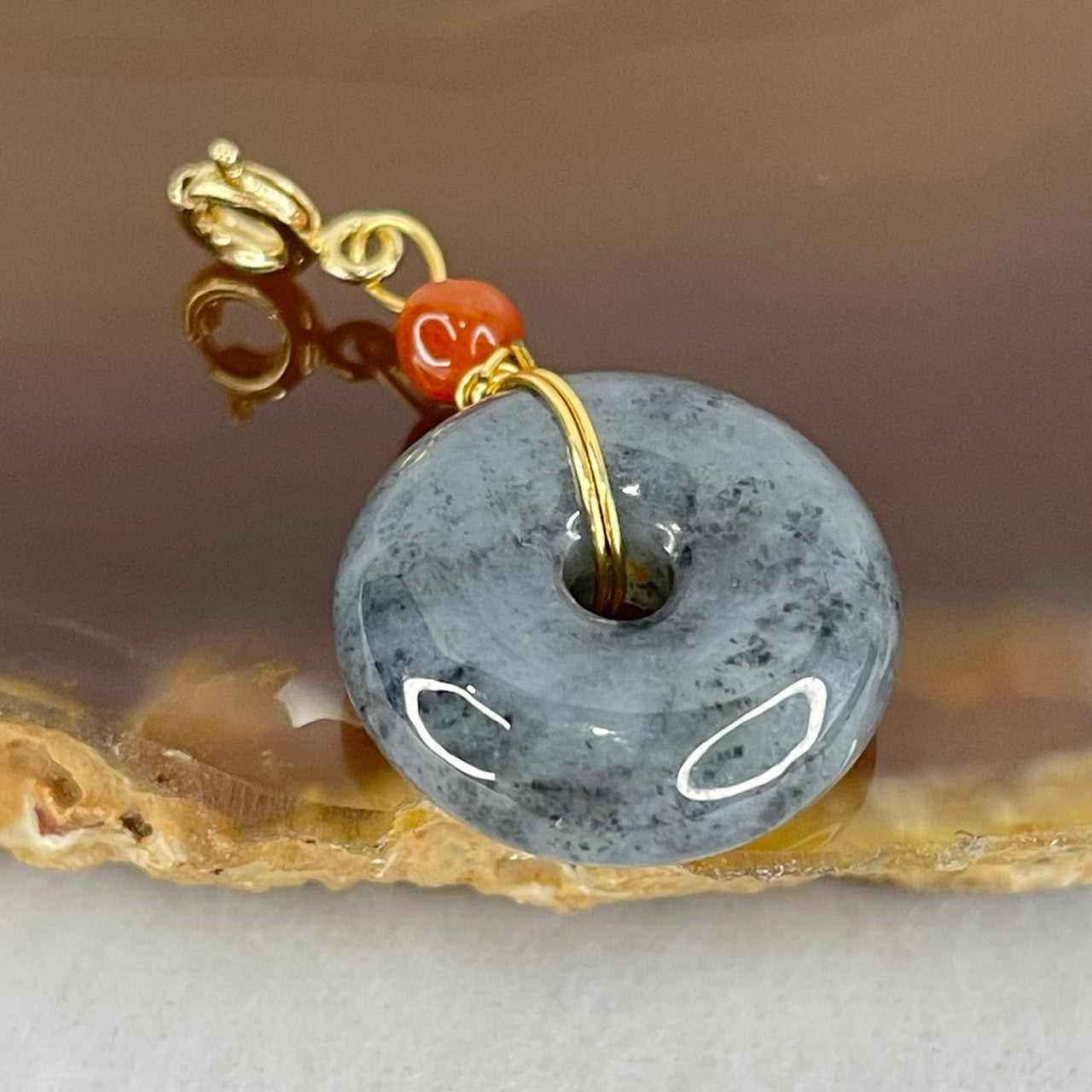 Type A Semi Icy Wuji Grey Black Jadeite Ping An Kou Donut in Gold Color Charm Pendant 3.62g 16.5 by 6.1mm