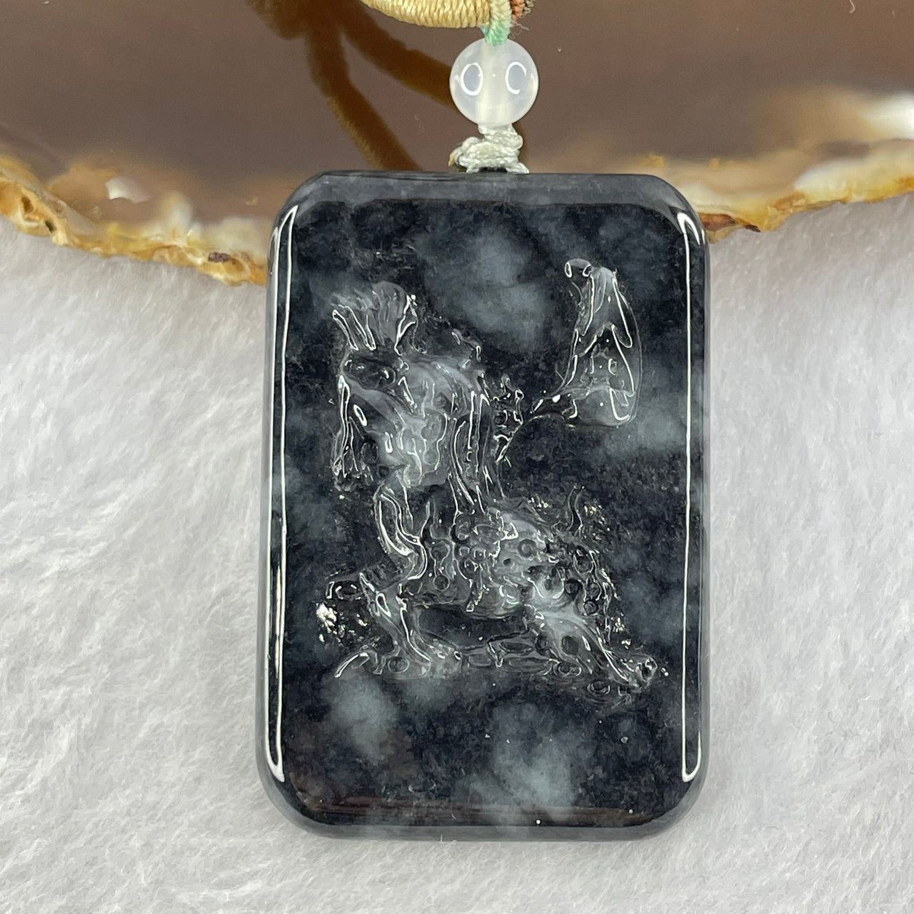 Type A Semi Translucent Wuji Black Grey Jadeite Pixiu Pendent 23.46g 46.8 by 31.6 by 7.1mm