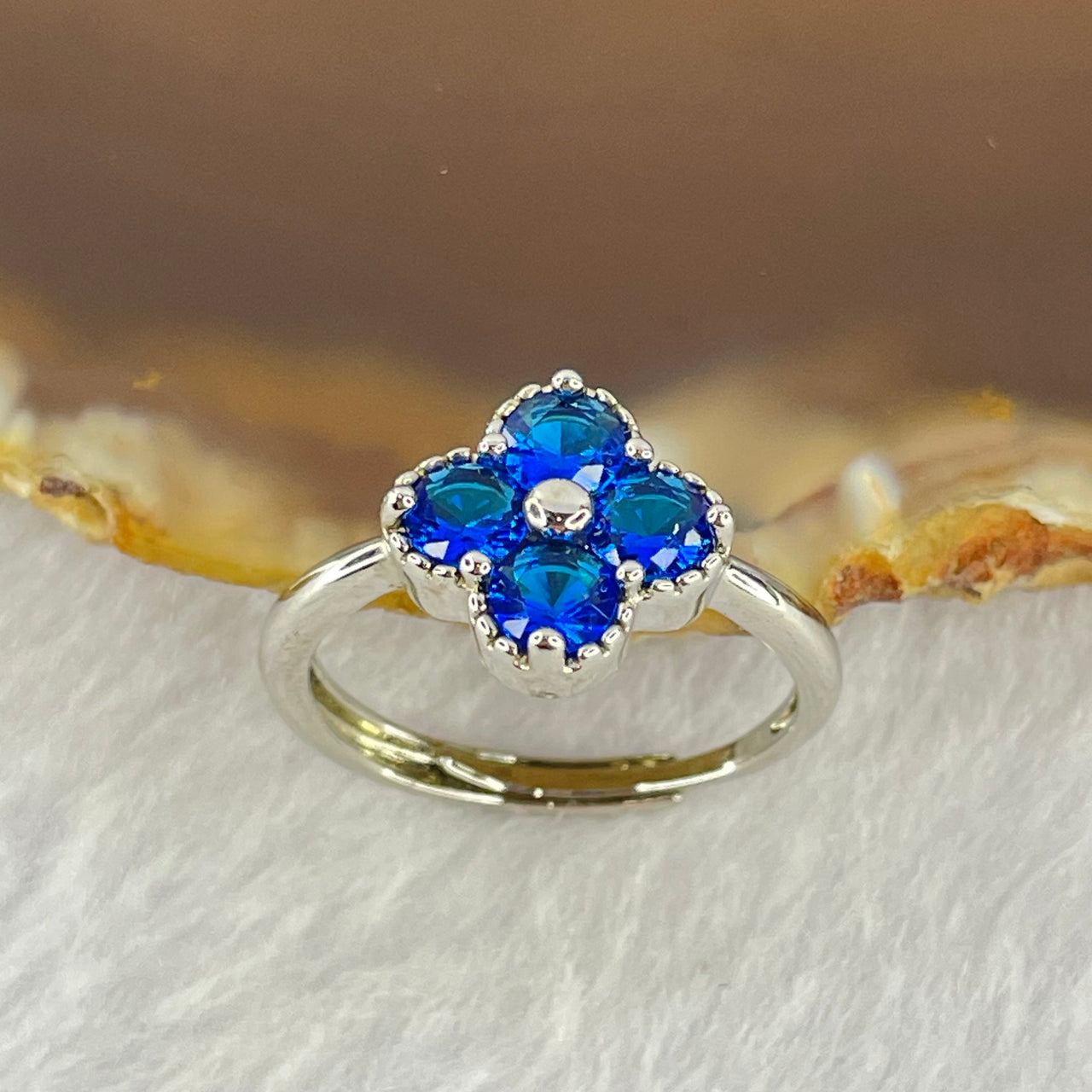 Blue Cubic Zirconia with Crystals in Sliver Ring (Adjustable Size) 1.98g 4.2 by 2.3 by 4pcs