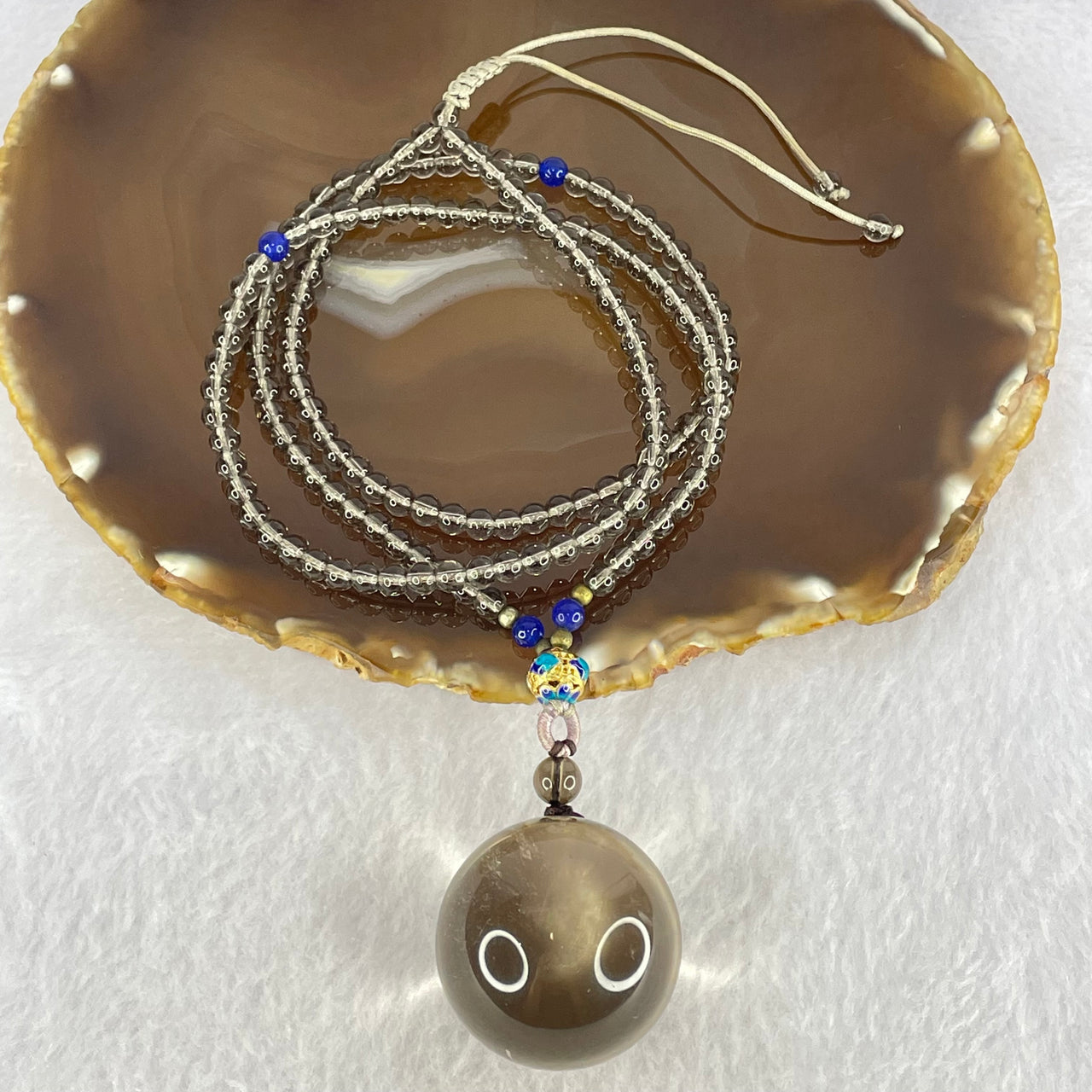 Natural Smoky Quartz Crystal Sphere Pendant with Mini Beads Necklace 59.74g 60cm 31.1mm 4.6mm 149 Beads