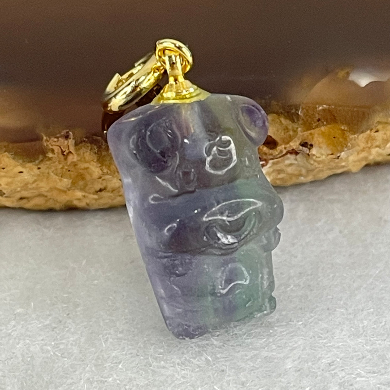 Natural Purple and Green Fluorite Ox Charm Pendant 3.17g 17.2 by 11.6 by 8.1mm