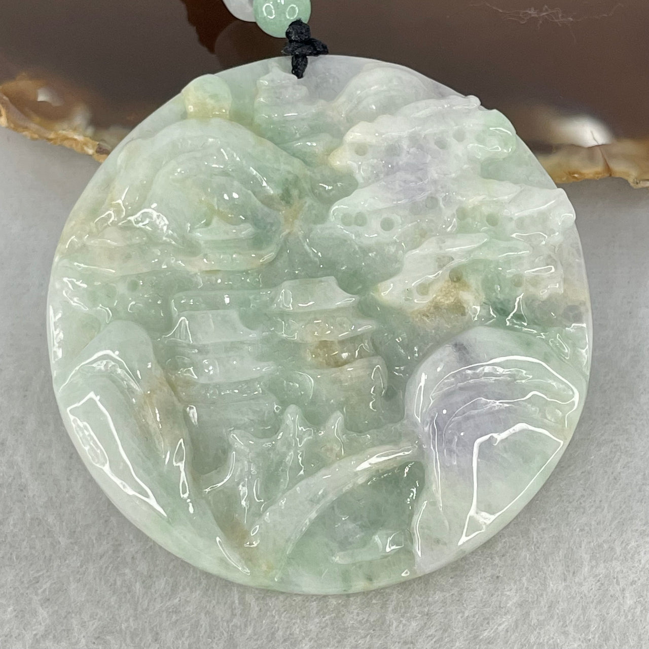 Type A Green Lavender Yellow Jadeite Shan Shui with Double Gui Ren Benefactor Pendant 61.12g 55.8 by 10.0mm