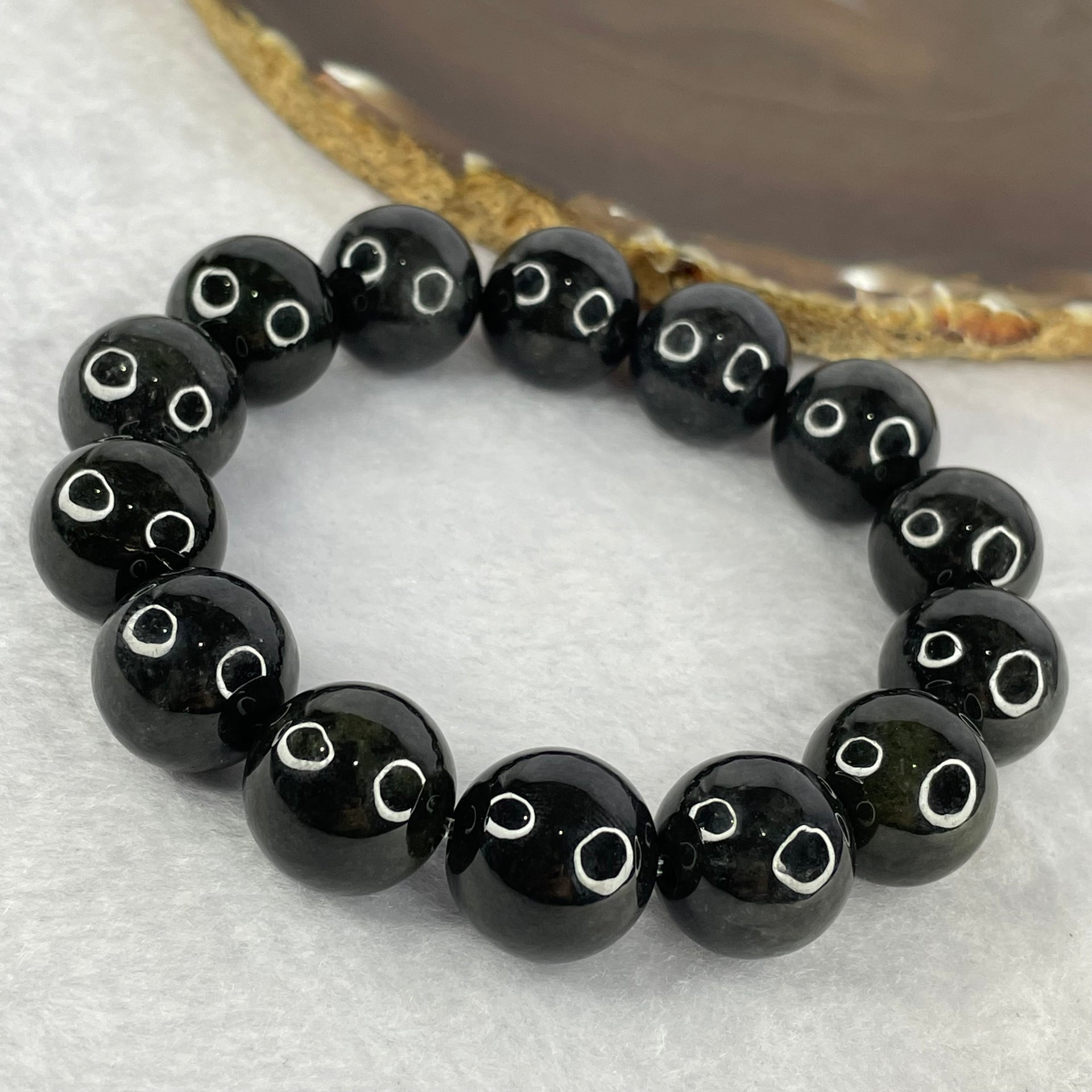 Type A Slightly Translucent Black Grey Wuji Jadeite Beads Bracelet A货半透明黑灰无极翡翠珠手链 106.37g 16.4mm 14 Beads - Huangs Jadeite and Jewelry Pte Ltd