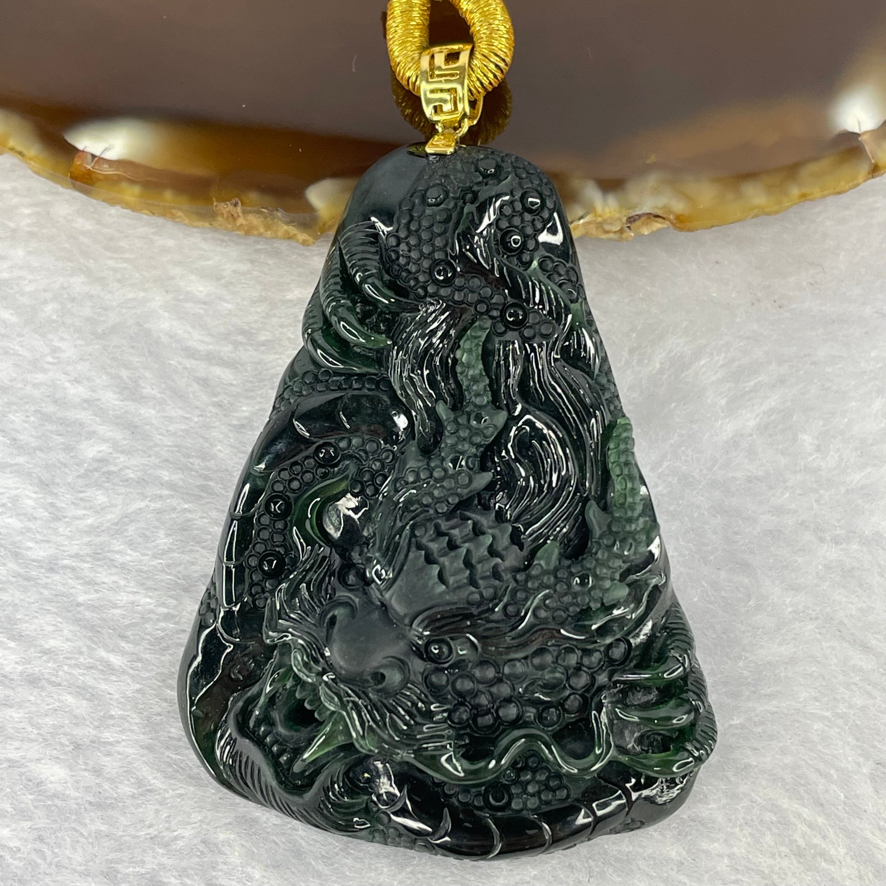 Type A Natural Black Ink Jadeite Jade Silver Fan-shaped pendant, Fan-shaped Silver Pendant, Grade popular A Jadeite, Untreated Black ink