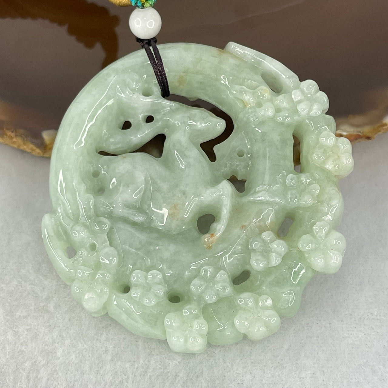 Type A Light Green with Yellow Spots Jadeite Deer And Flowers Pendant 70.94g 55.2 by 56.6 by 13.3mm