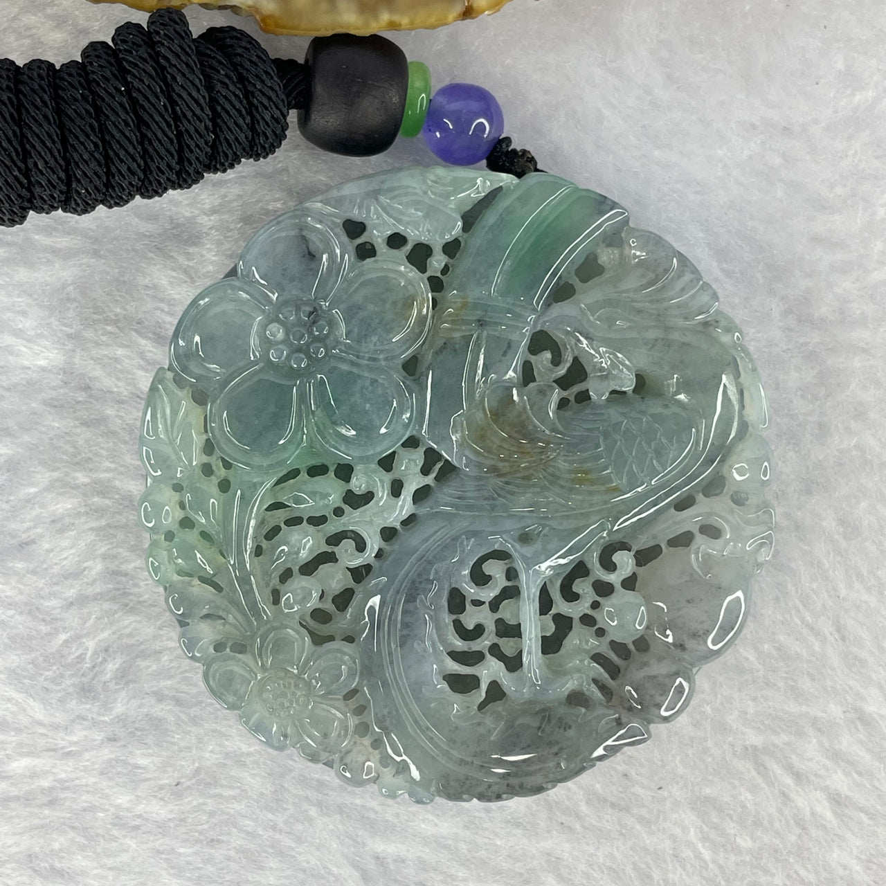 Grandmaster Certified Type A Semi Icy Sky Blue with Wuji Lavender with Black Patches Jadeite Phoenix and Flowers Pendent 71.76g 51.0 by 13.0 mm - Huangs Jadeite and Jewelry Pte Ltd