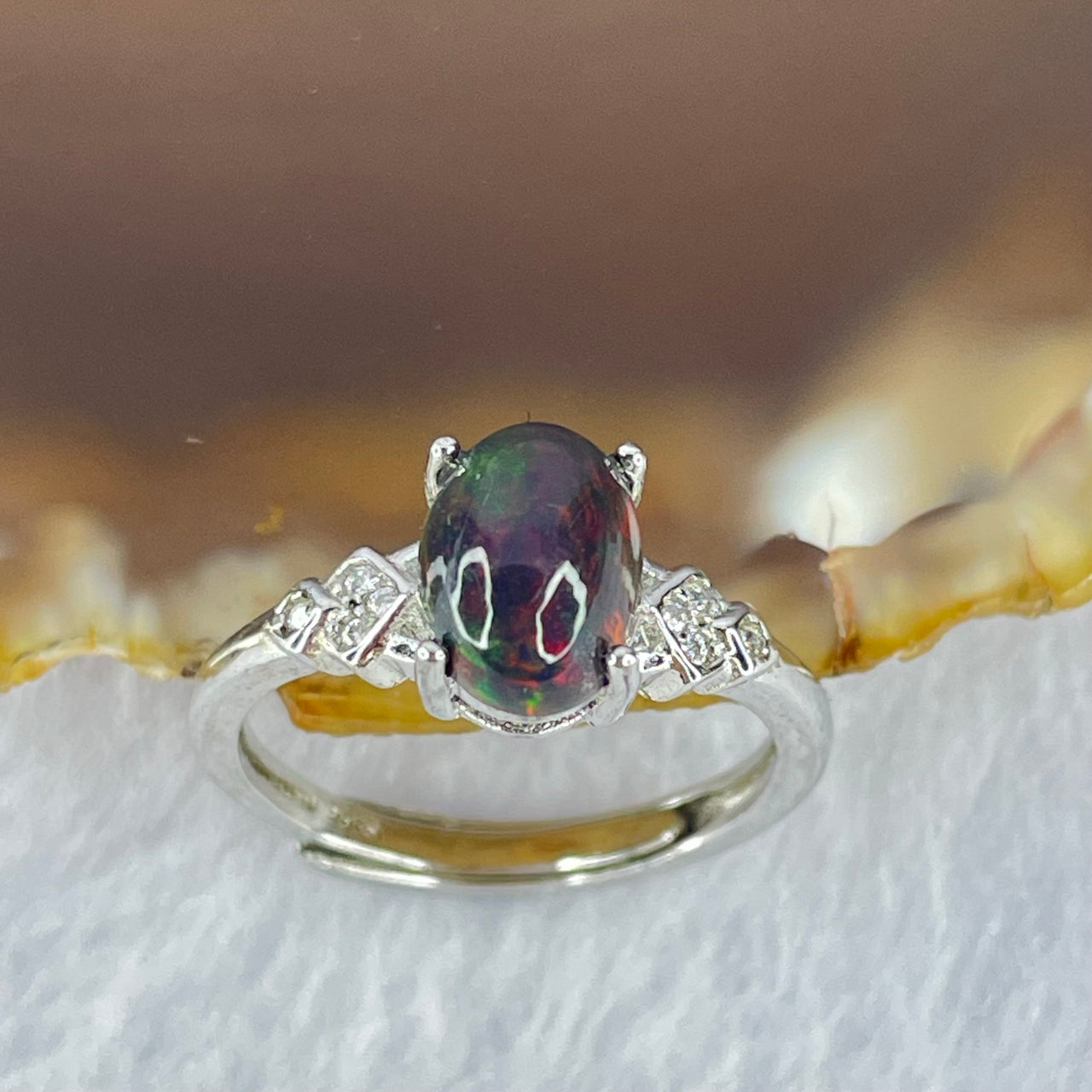 Natural Black Opal with Crystals In S925 Sliver Ring (Adjustable Size) 1.89g 7.5 by 5.3mm by 4.8mm