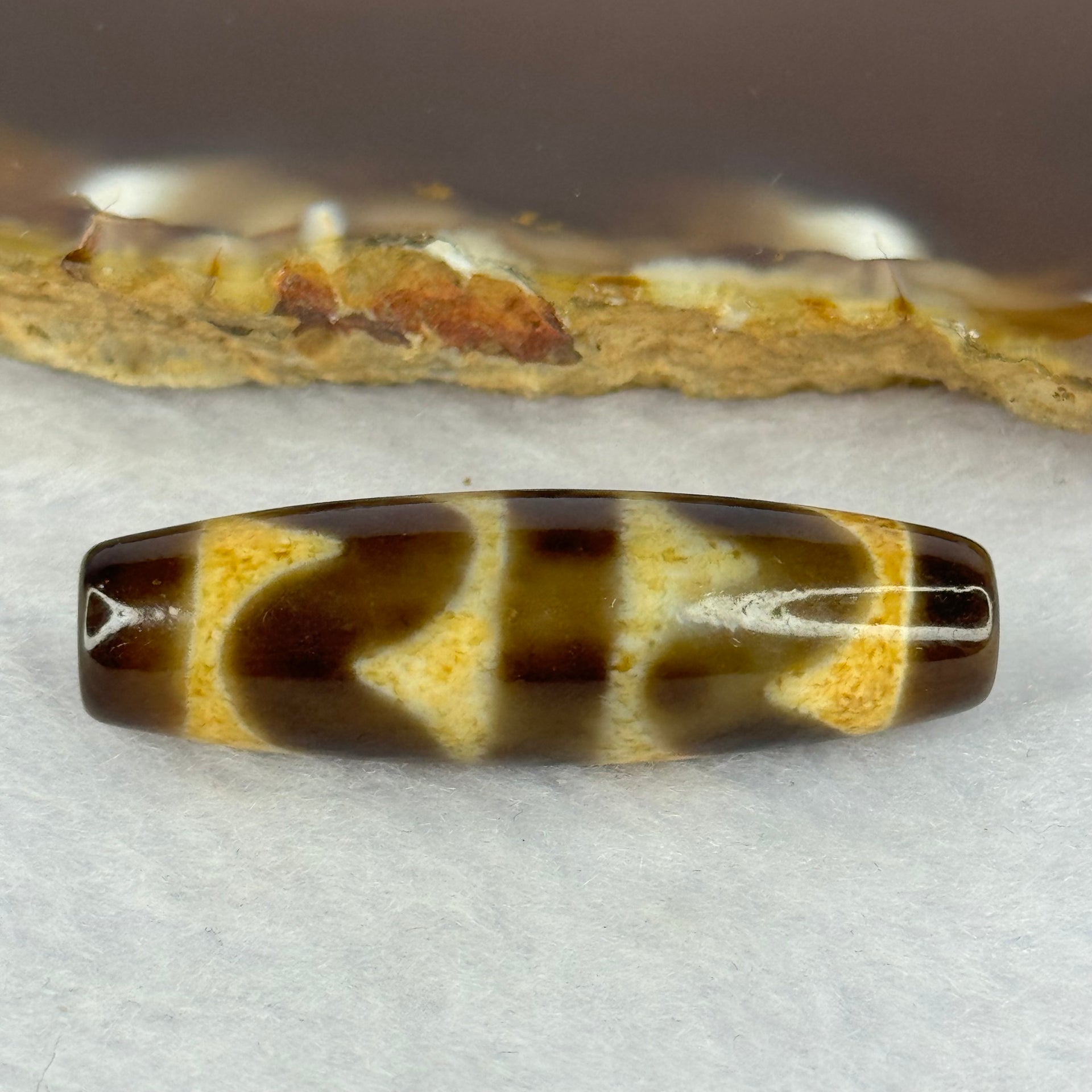 Natural Powerful Tibetan Old Oily Agate Double Tiger Tooth Dzi Bead Heavenly Master (Tian Zhu) 双虎牙天诛 7.46g 38.1. by 11.6mm - Huangs Jadeite and Jewelry Pte Ltd