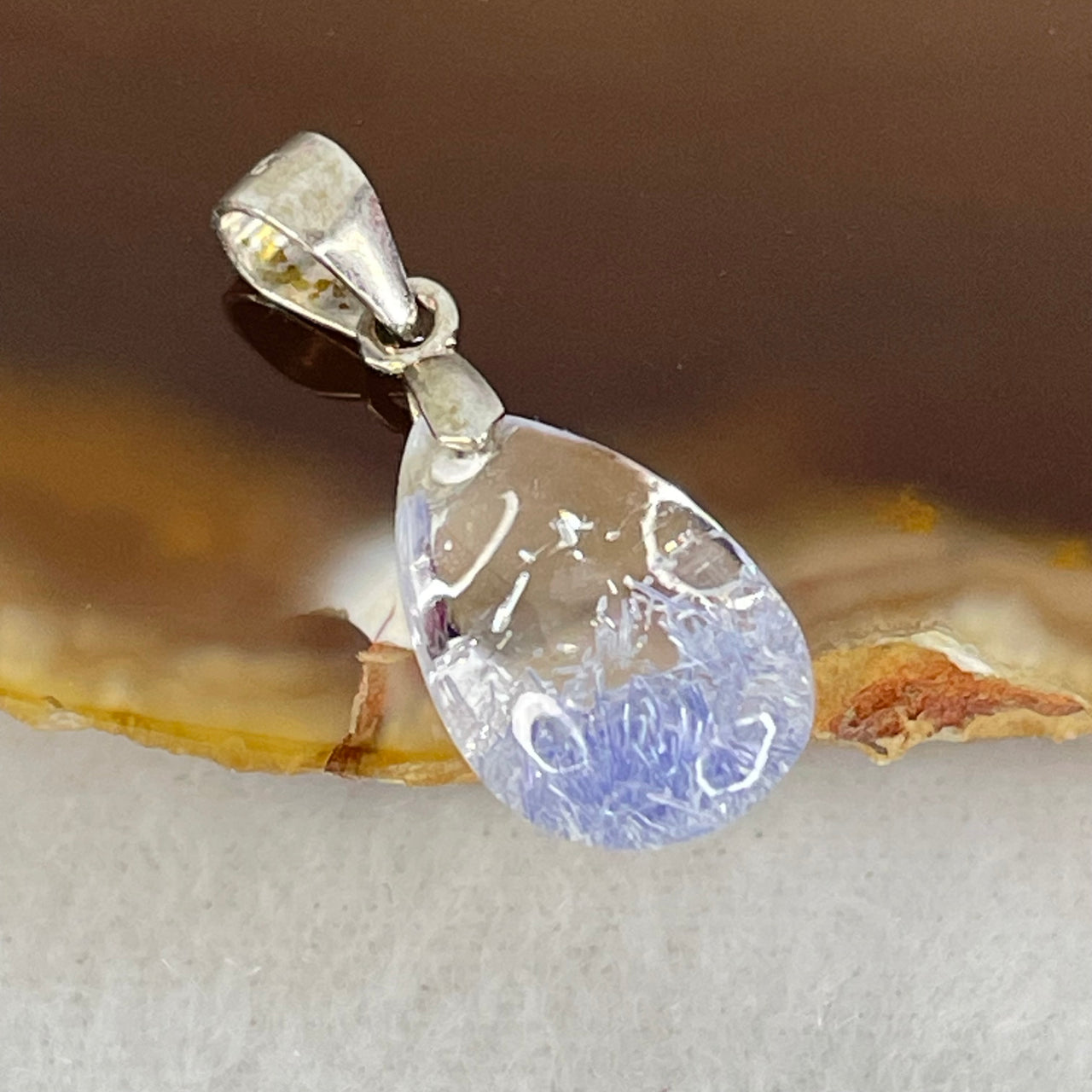 Rare Very Good Grade Natural Blue Dumortierite Rutilated Quartz Teardrop Pendant with S925 Sliver Clasps 1.22g 14.8 by 9.2 by 6.1mm