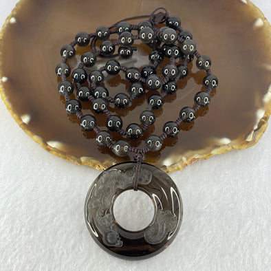 Black Obsidian Beads Necklace with Black Obsidian Dragon Ping An Kou Donut Pendant 18.89g 47.0 by 10.2mm 8.4mm 48 Beads